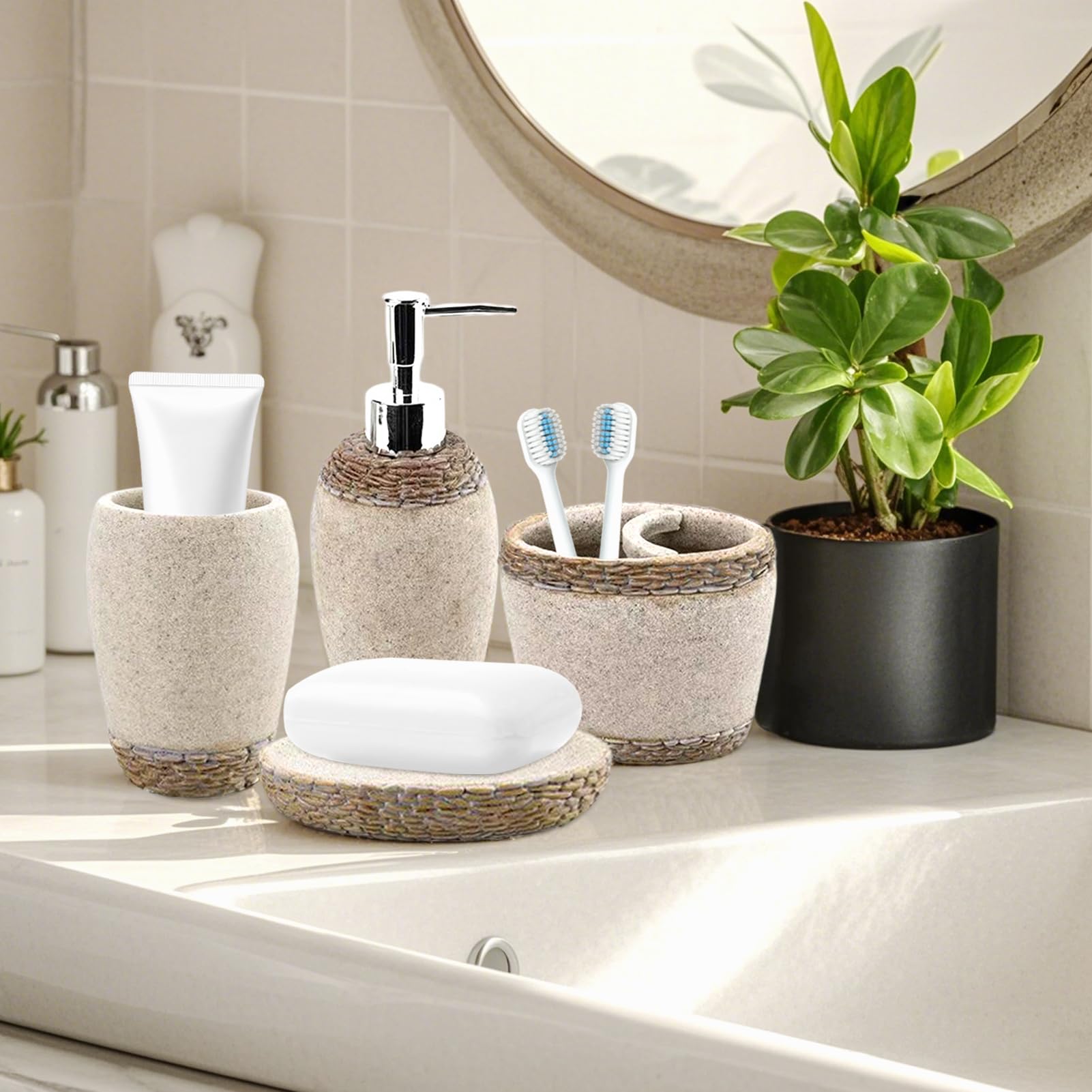 4 PCS Resin Bathroom Accessory Set, Soap Dispenser with Chrome Pump