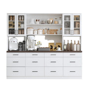 " W Kitchen Pantry with Countertop, 12 Drawers & 4 Glass Doors, Modern