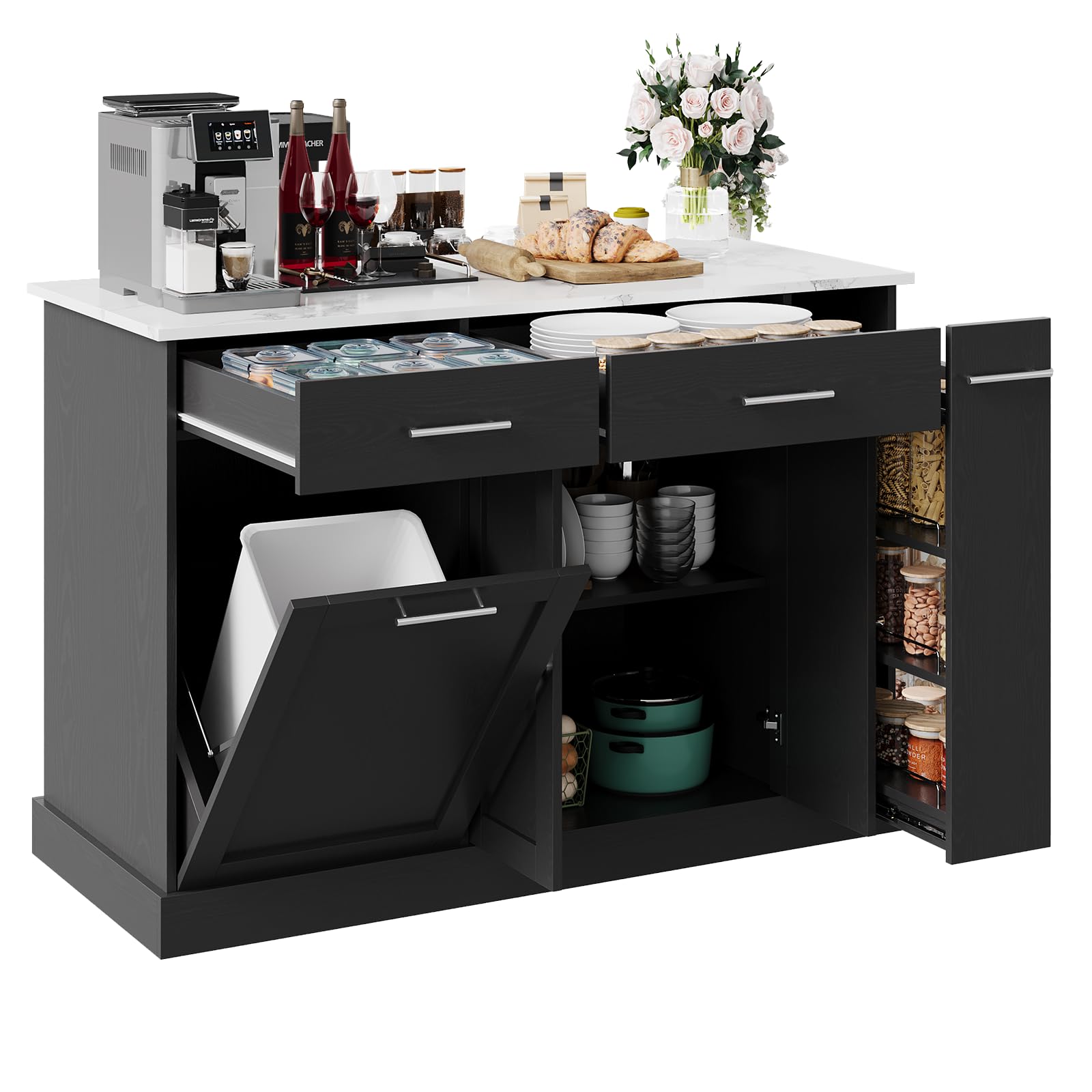 Rolling Kitchen Island Cart with Pull Out Spice Rack