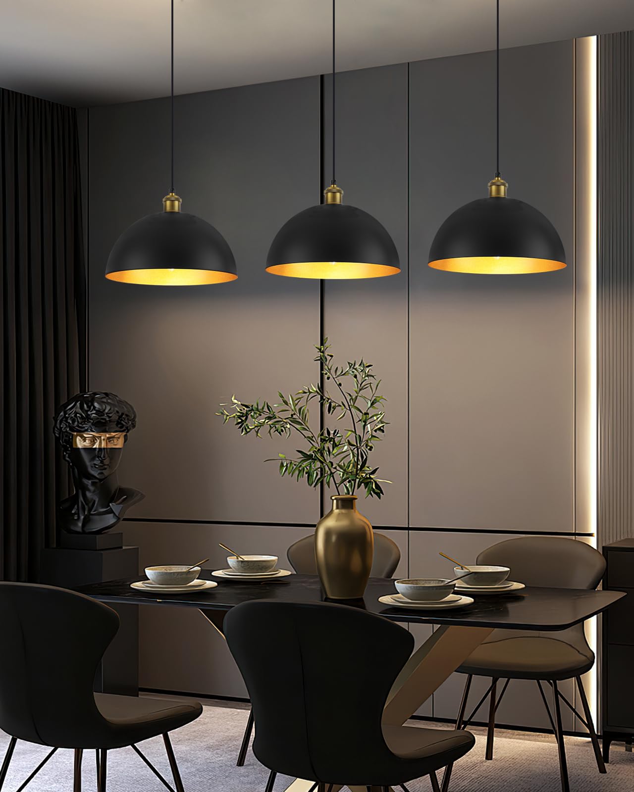 Black Pendant Lights Kitchen Island 3 Pack, Vintage Pendant Light with Dome Shade