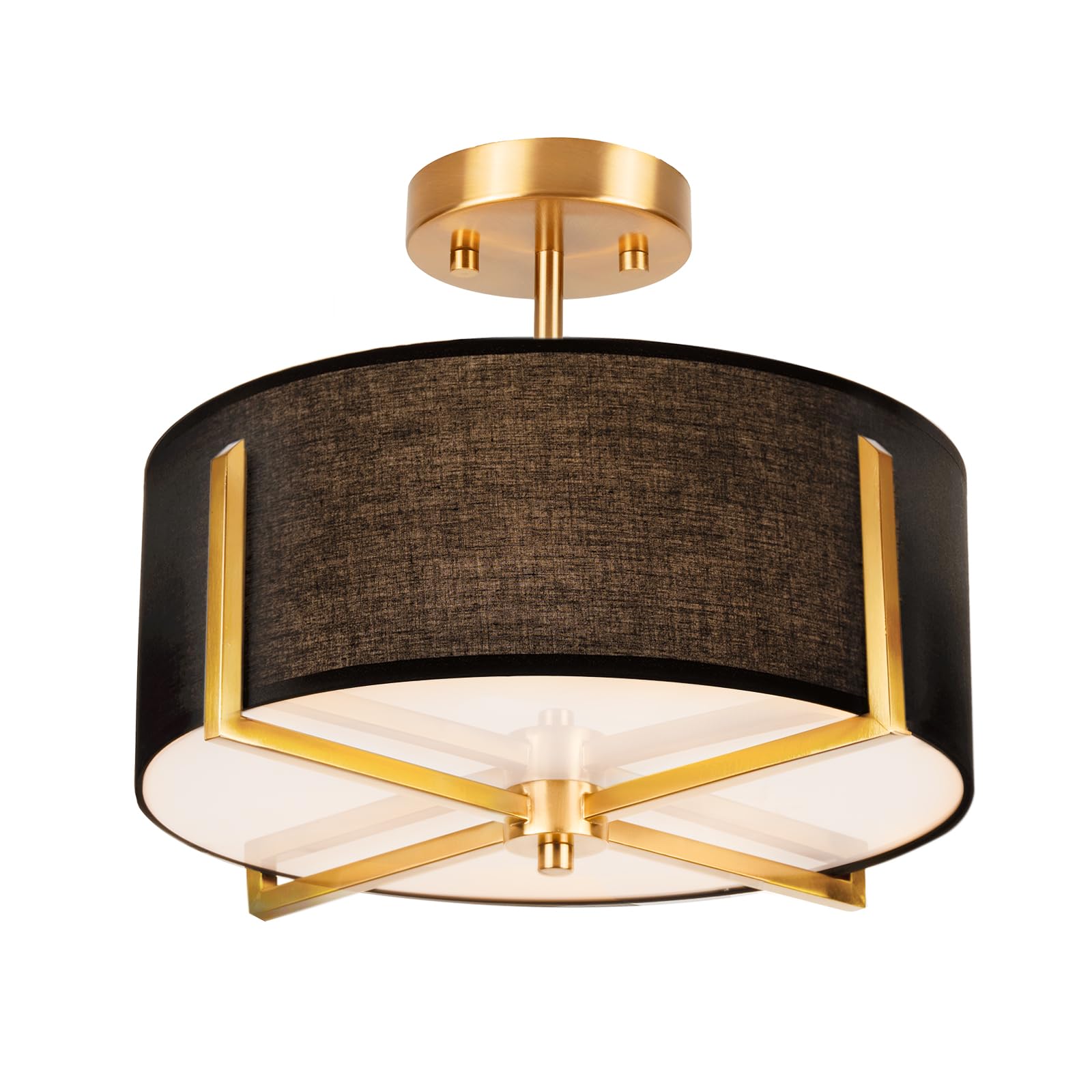 Semi Flush Mount Ceiling Light Fixture, 13.7" Gold Drum Light with Black Fabric Shade