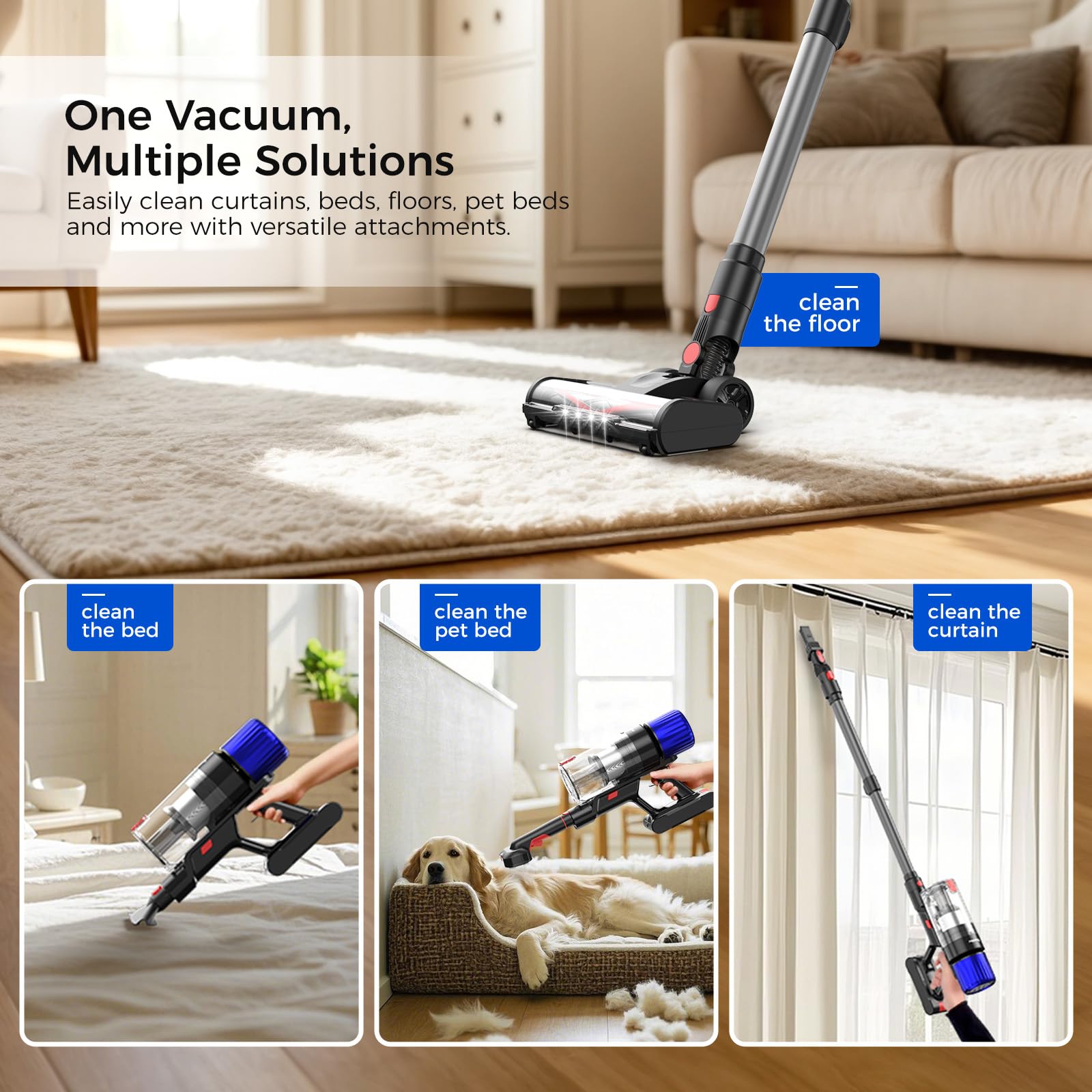 Teendow Cordless Vacuum Cleaner, 500W 50 Minutes Runtime Stick Vacuum for Pet Hair, Powerful Suction, Rechargeable, Lightweight, Handheld Vacuum Versatile for Carpet, Hard Floor (Starry Gray)