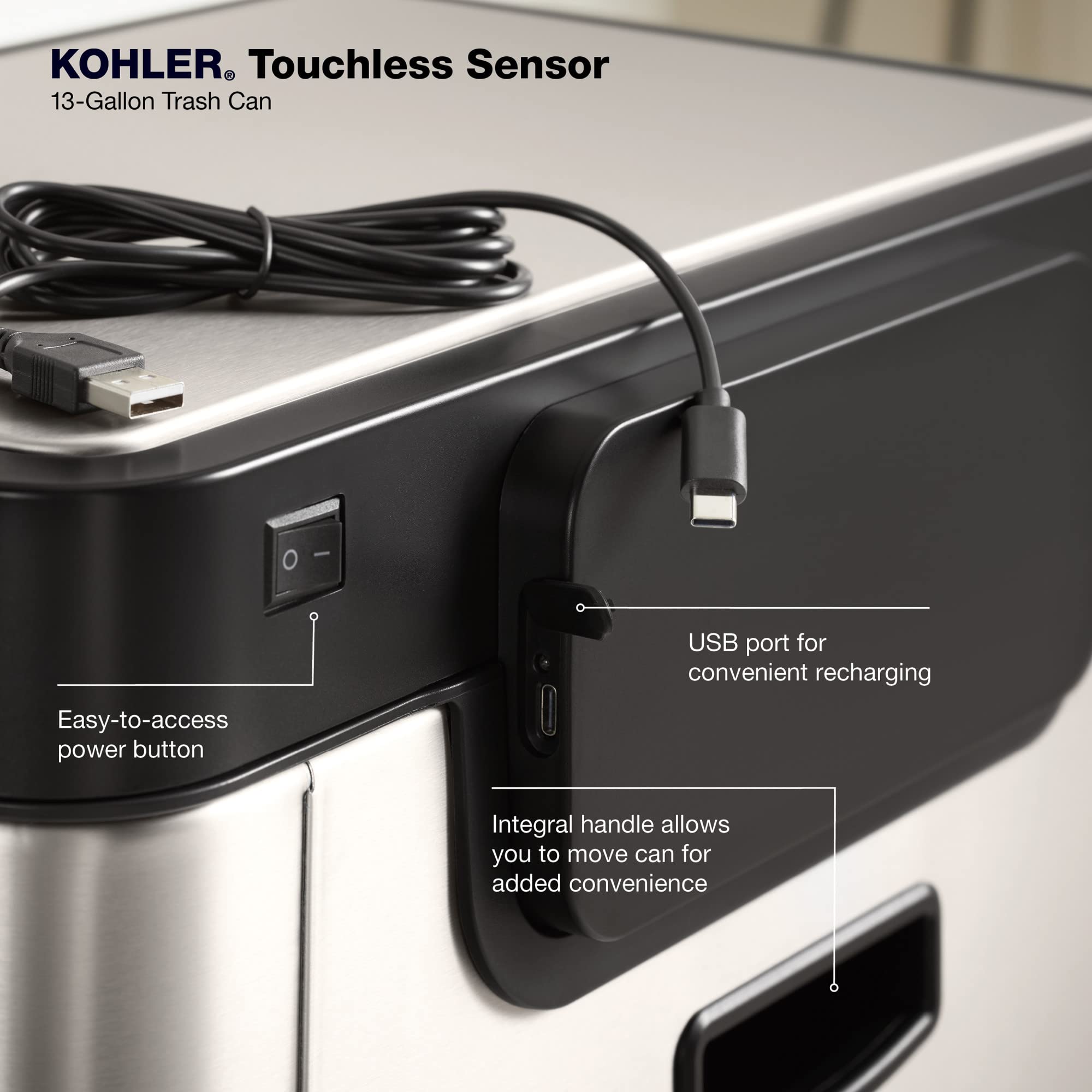 KOHLER 13-Gallon Touchless White Stainless Steel Trash Can, Hands-Free Motion Sensor Lid, Durable, Fingerprint-Resistant, Easy to Clean, K-23825-STW