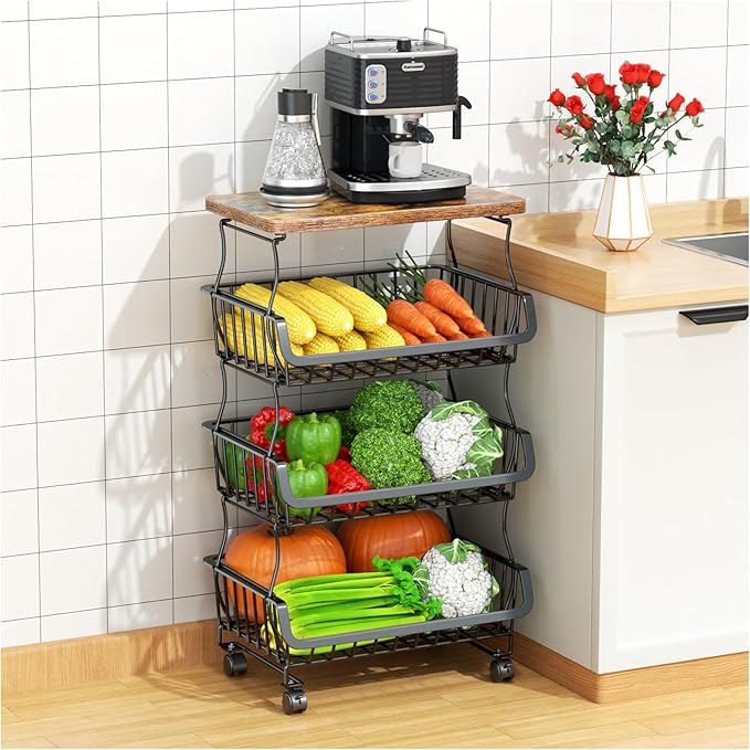 Kitchen, 5 Tier Stackable Fruit Vegetable Storage Baskets with Wheels, Metal Wire