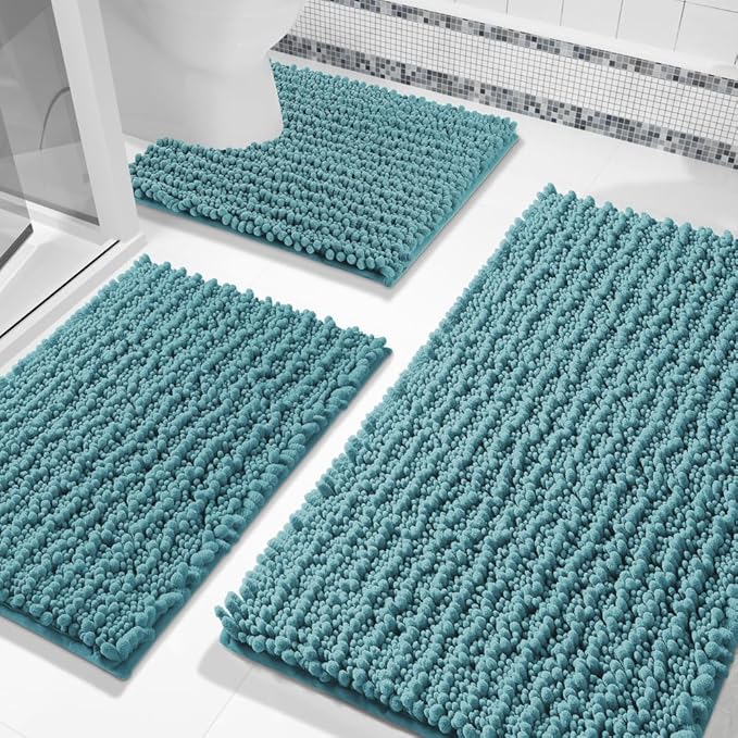 Bathroom Rugs Sets 3 Piece, Fluffy Plush Chenille Bath Room Mats Set