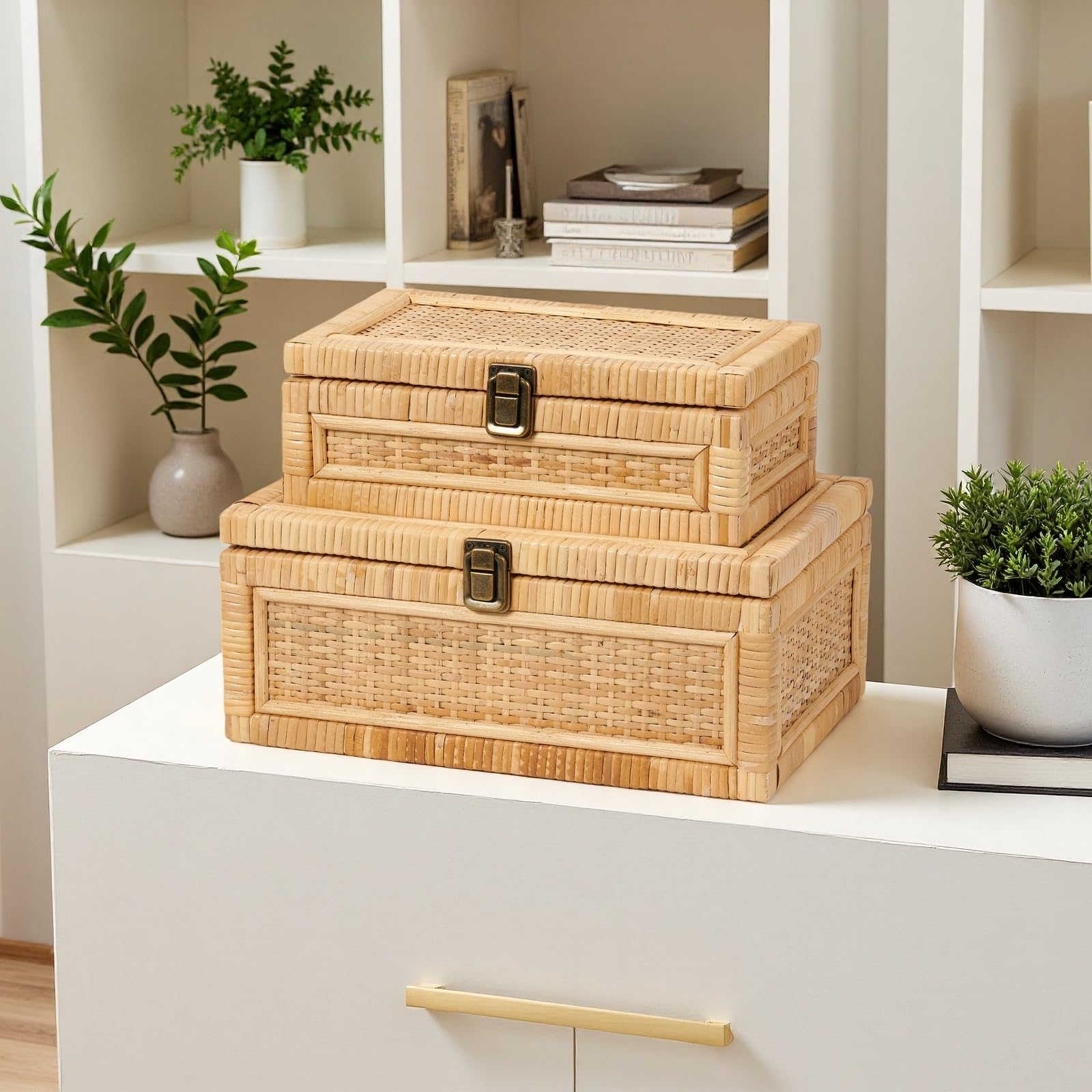 Rattan Box with Lid Decorative Natural Handmade Boho Rattan Baskets Woven