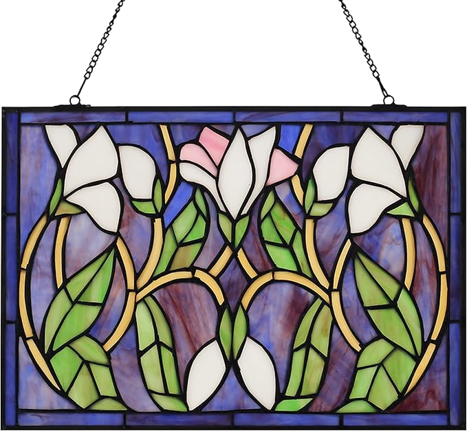 Rectangular Lily Stained Glass Window Hanging Tiffany Style Handmade 16" X 11" Purple