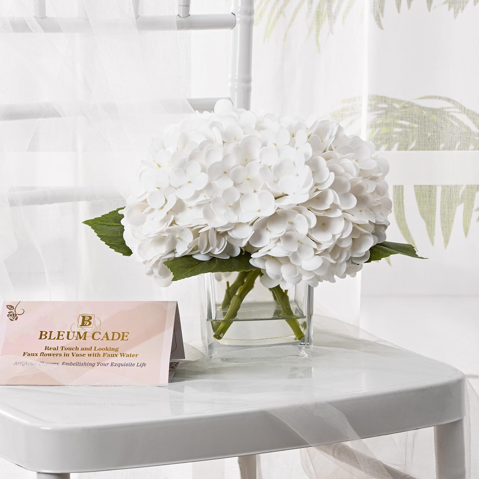 Luxury PU Fake Flowers in Vase with Faux Water, White Real Touch Hydrangea Artificial