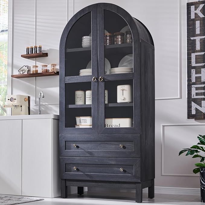 71" Tall Arched Kitchen Pantry, Modern Farmhouse Wood Kitchens Storage Cabinets
