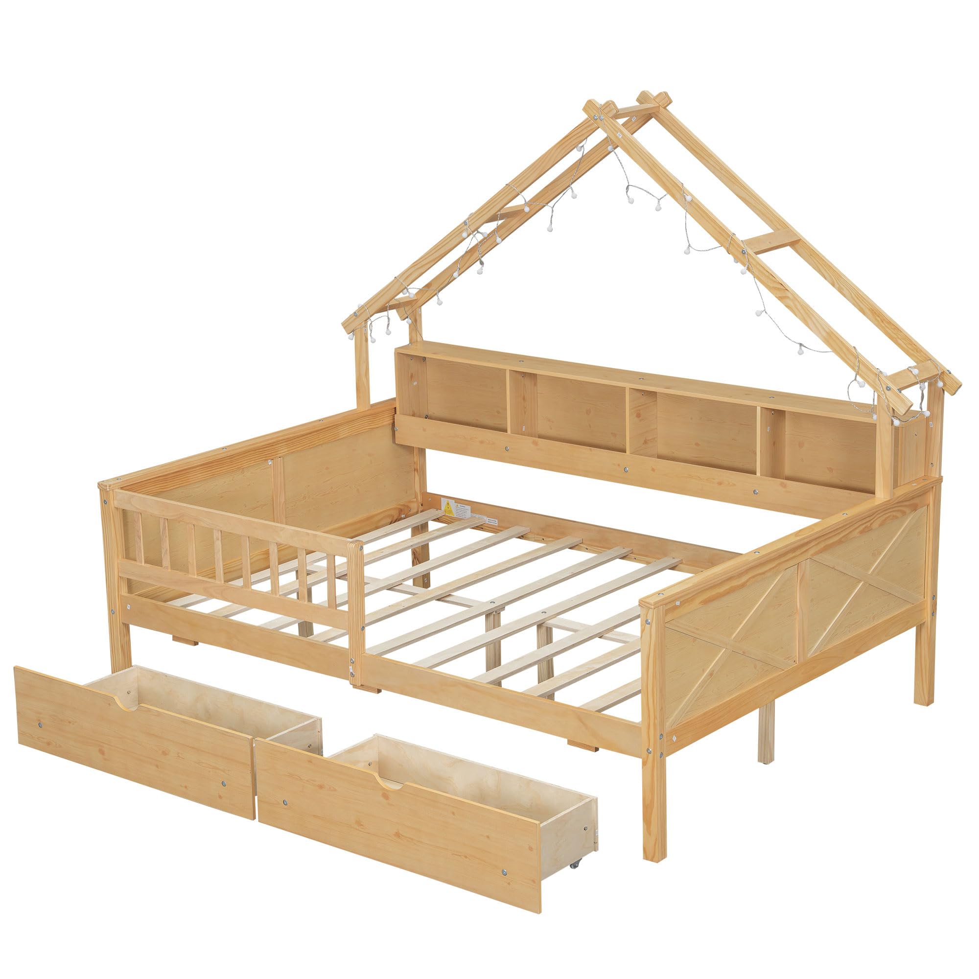 Full Size House Bed with LED Lights and Drawers Wood House Platform Beds