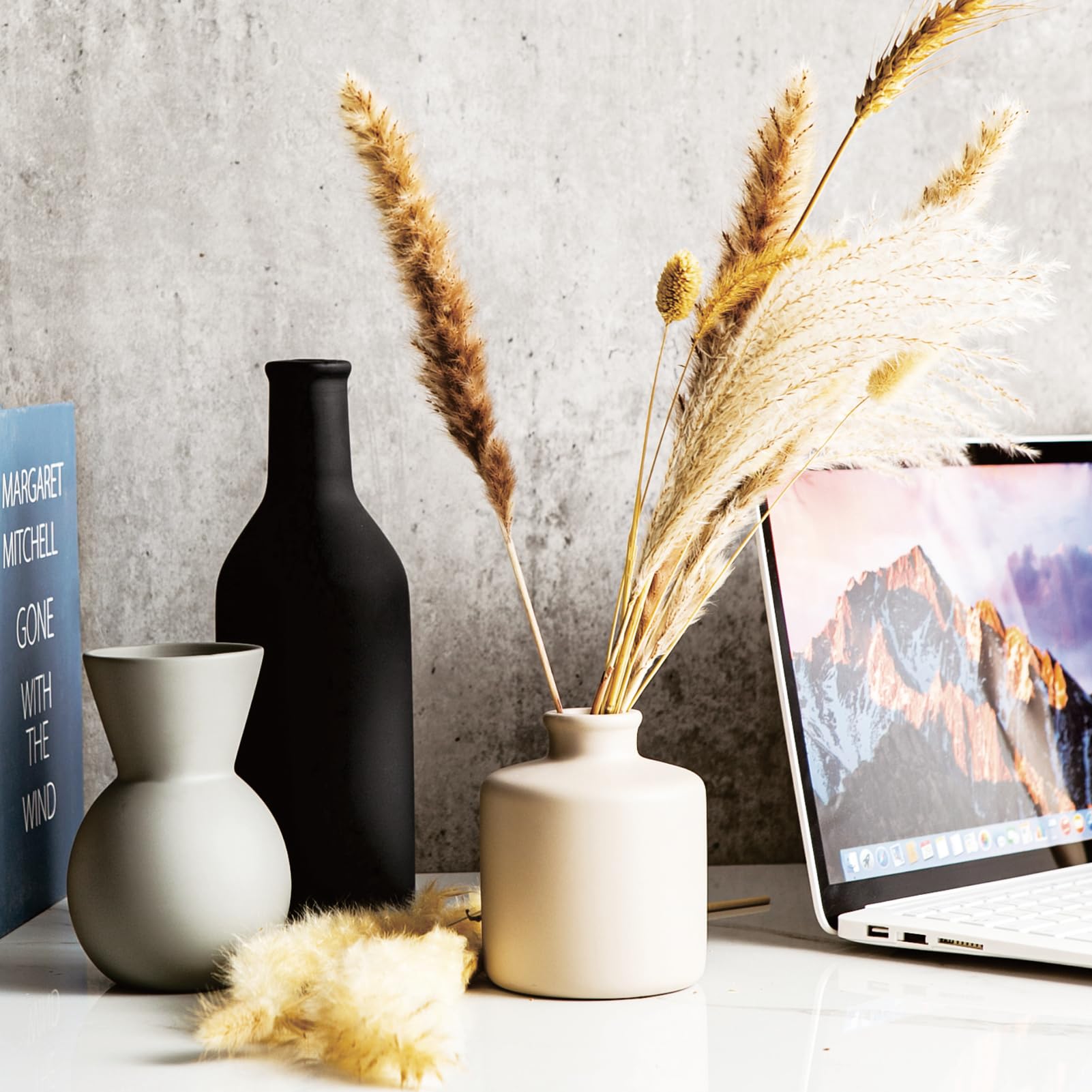 Modern Ceramic Flower Vase for Home Decor with Dried Fake Flowers - 3PCS