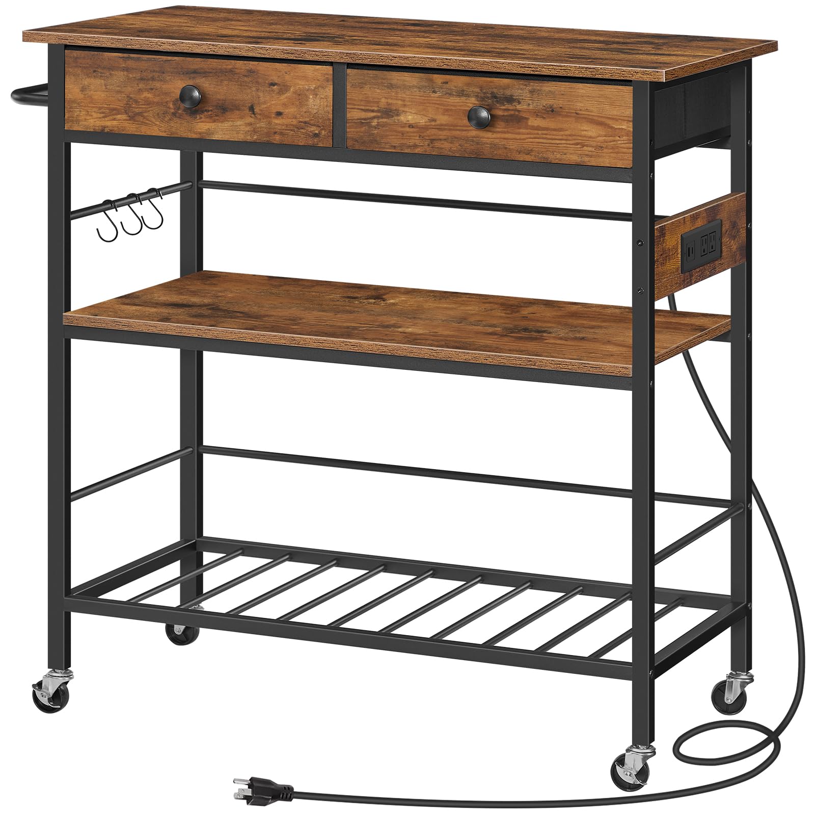 HOOBRO Kitchen Island with Storage, Rolling Island Cart for Kitchen with 2 Drawers & Outlet, 3 Tier Coffee Station and Microwave Stand, Kitchen Island Table for Home, Rustic Brown BF08UZD01