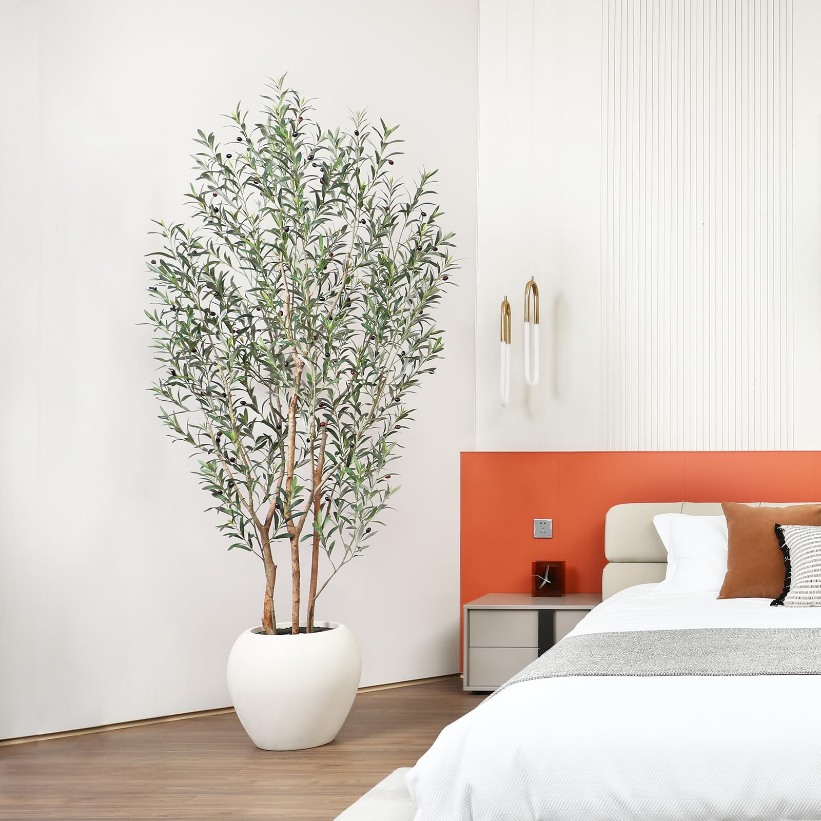 Artificial Olive Tree, 8FT Tall, Faux Olive Trees with Natural Wood Trunk & Lifelike Fruits