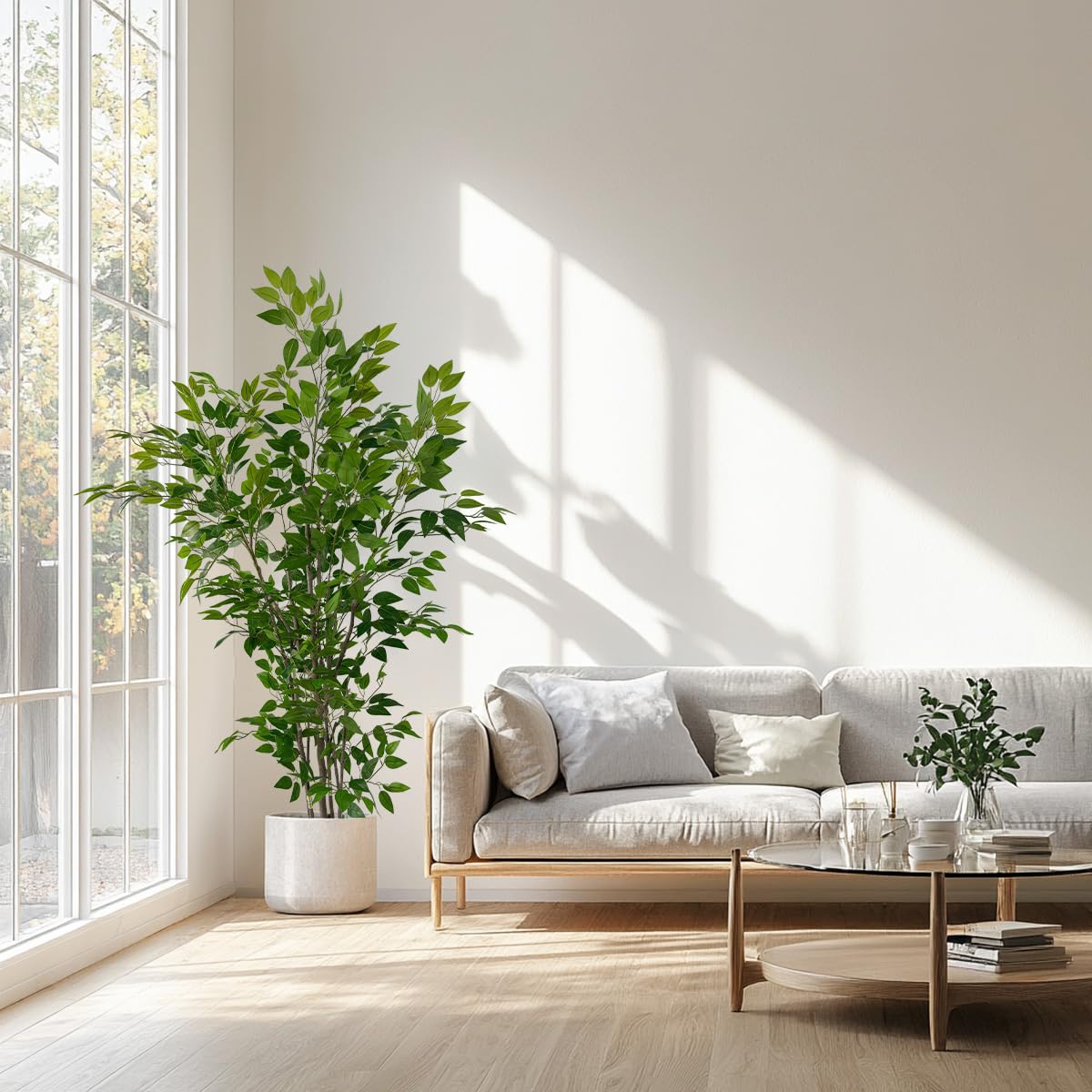 Artificial Ficus Tree with Green Leaves, 6 ft Tall, Indoor Plant with Decorative Beige Planter