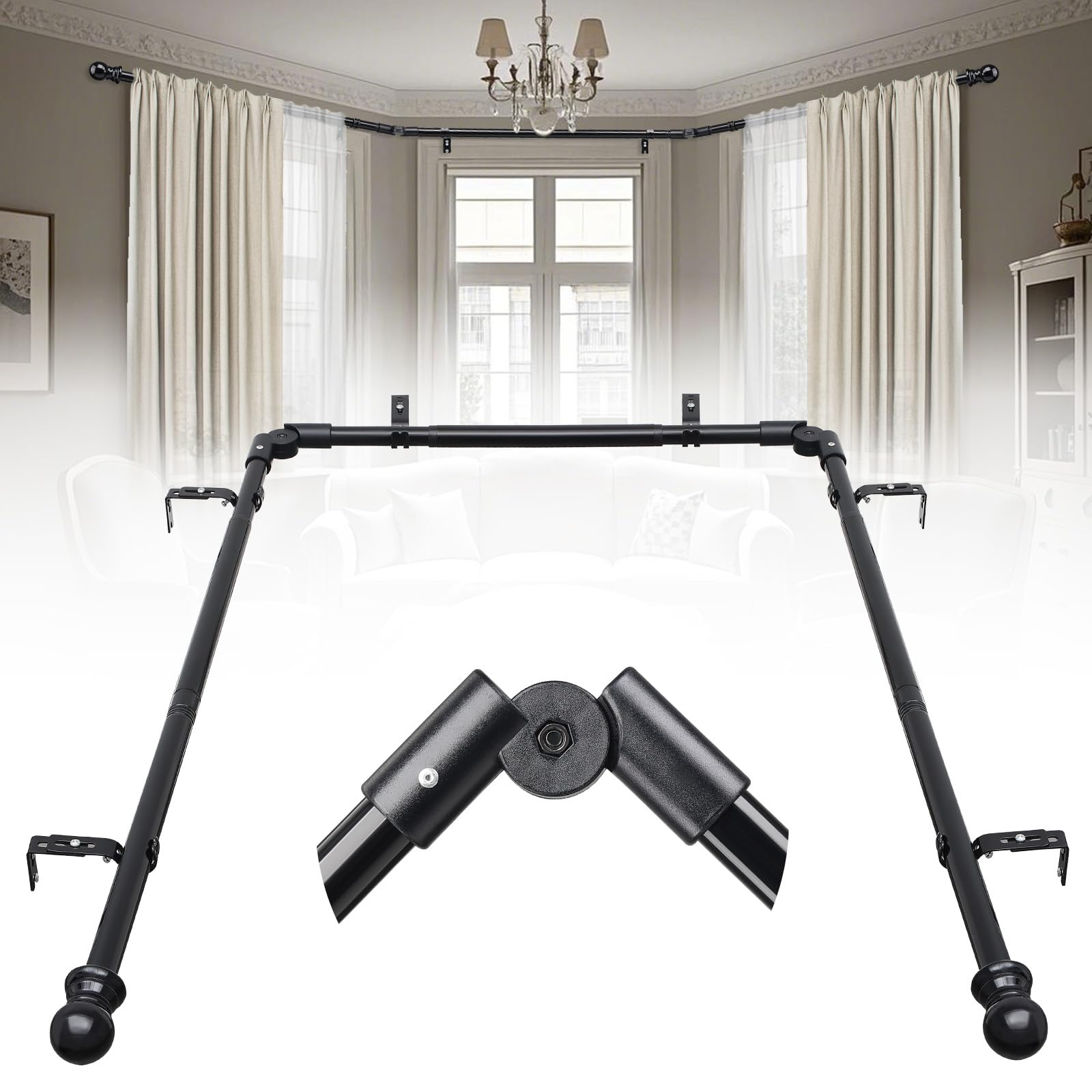 Bay Window Curtain Rods, 1 Inch 3 Sides Adjustable Curved Curtain