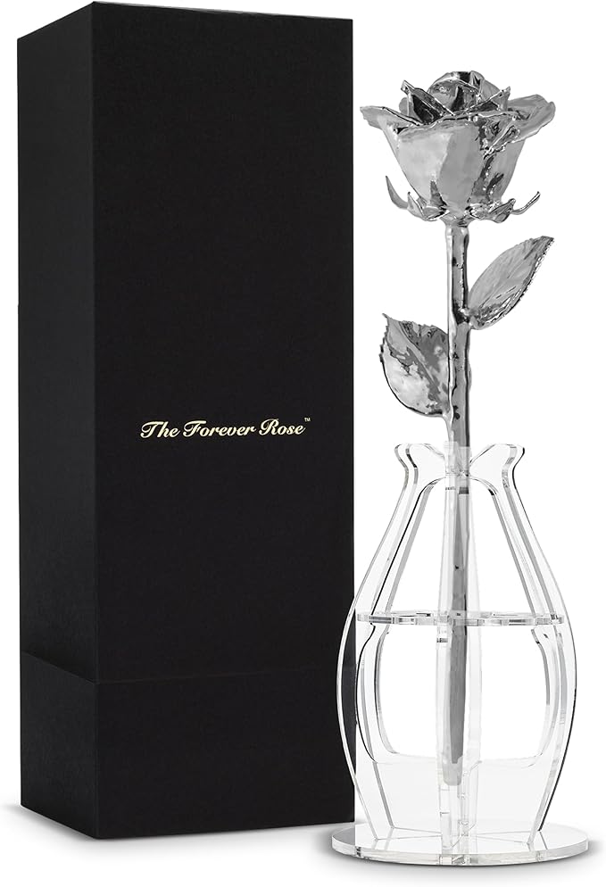 Real Rose Dipped in Platinum, Handcrafted Preserved Rose in Clear Glass Bud Vase