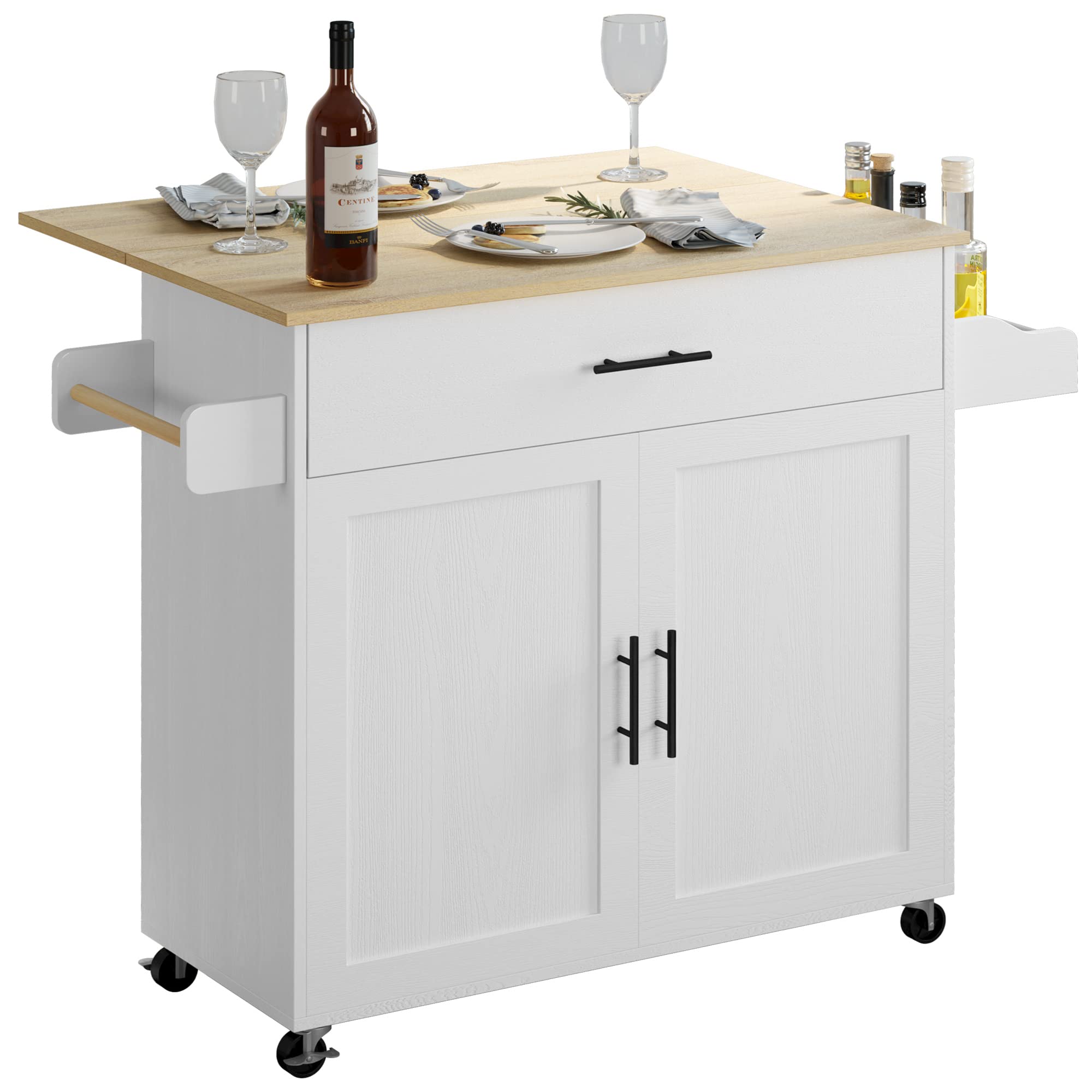 Rolling Kitchen Island Table on Wheels with Drop Leaf, Storage Cabinet