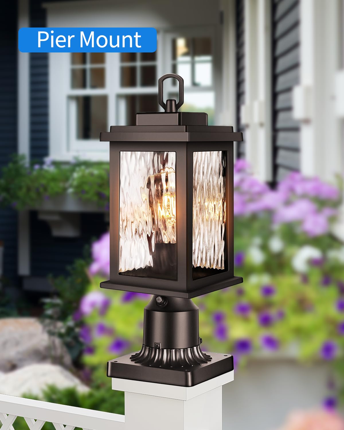 VIANIS Oil Rubbed Bronze Outdoor Post Lights 2 Pack, Dusk to Dawn Light Posts for Outside with Pier Mount Base, 100% Aluminum Body with Tempered Ripple Glass, ORB Column Mount Light(Hardwired 120V)