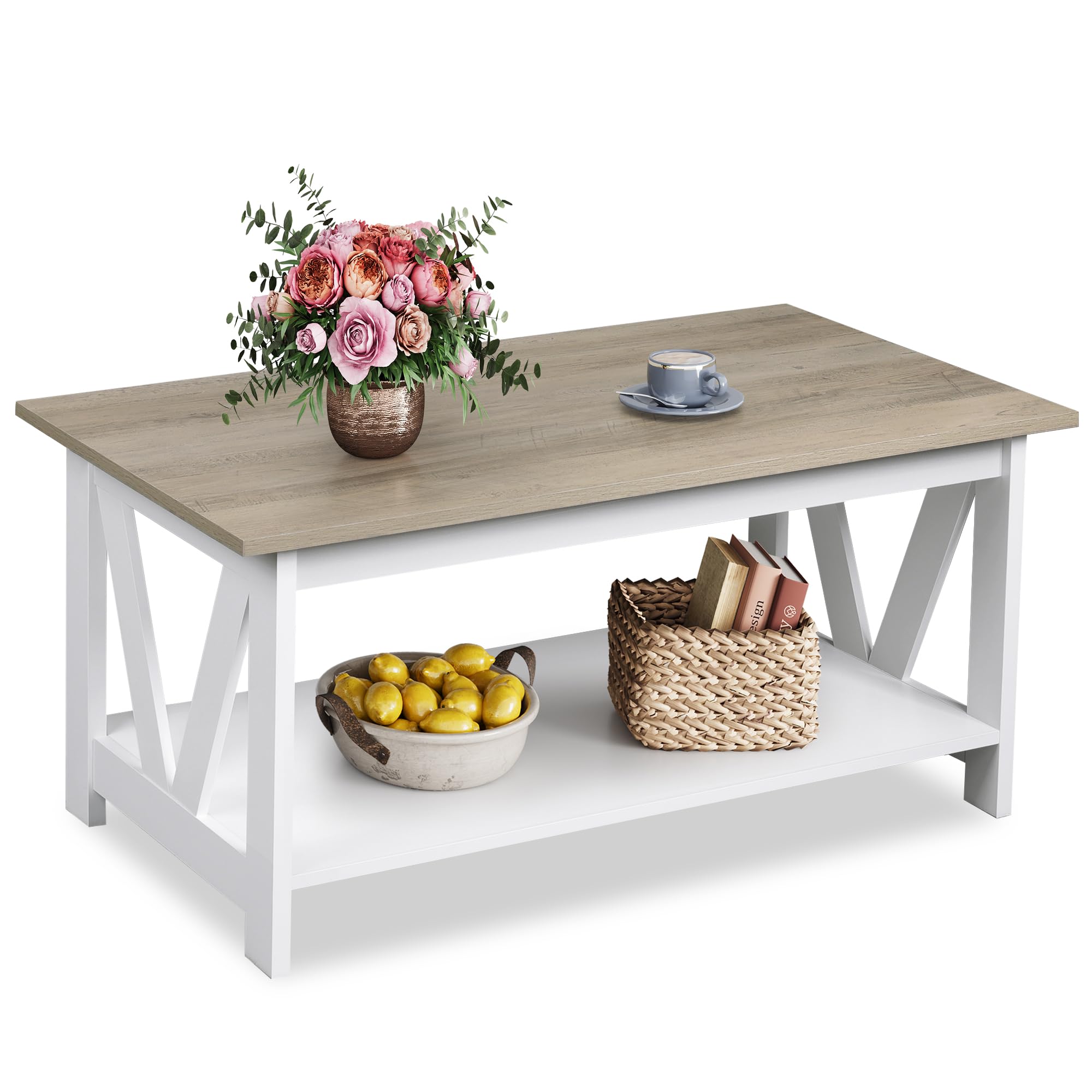 Coffee Table with Storage Shelf, 39.4" Farmhouse Coffee Table,living room