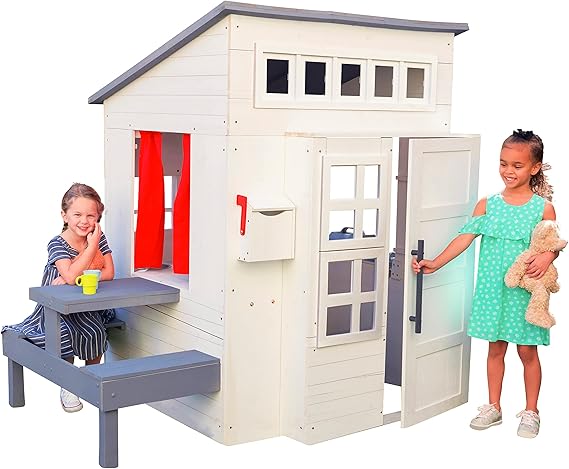 Modern Outdoor Wooden Playhouse with Picnic Table, Mailbox and Outdoor Grill