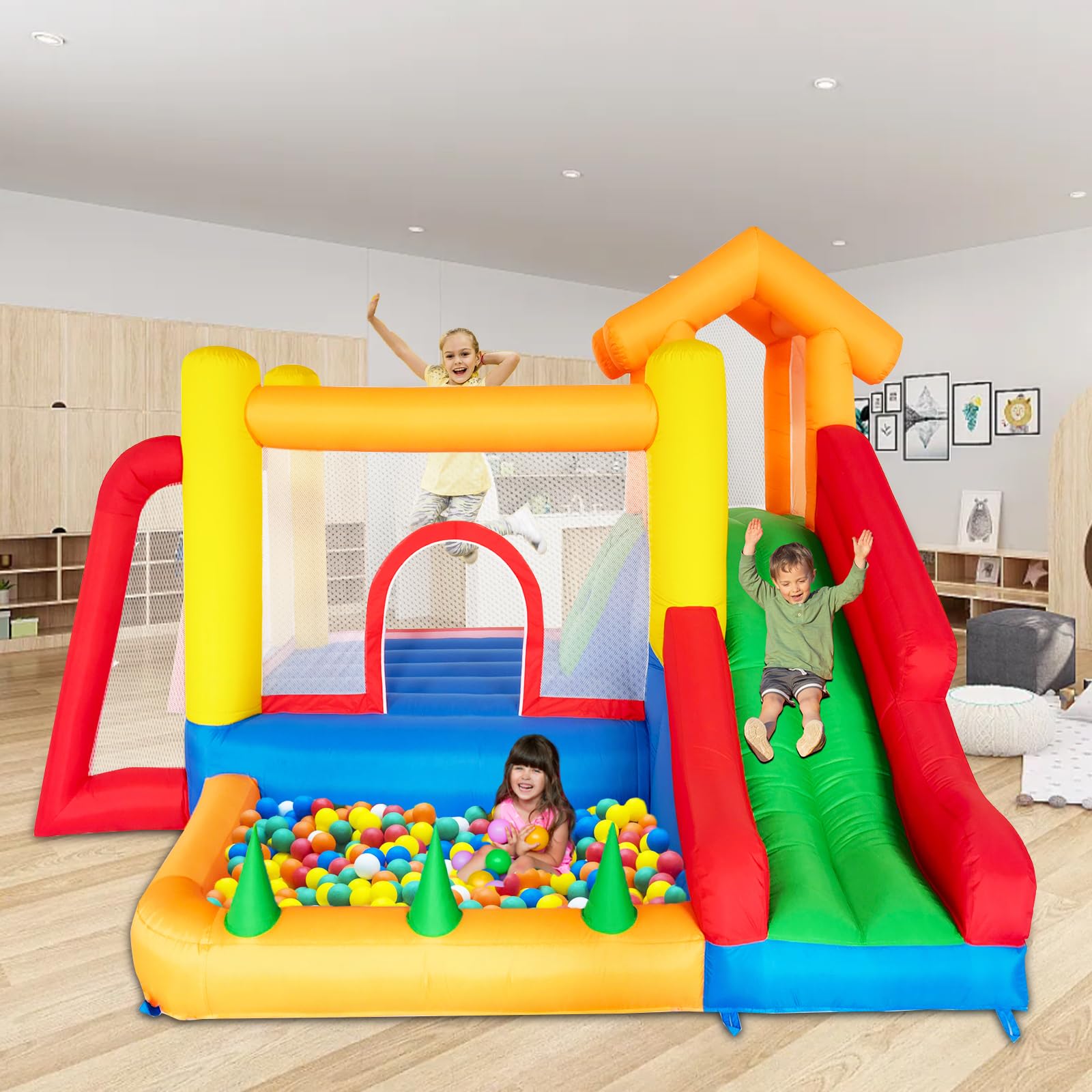 7-in-1 Bounce House for Kids 3–10, Bouncy Castle with Long Slide, Kiddie Pool (Ball Pit)