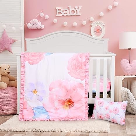 Crib Bedding Set for Girls - Pink Baby Nursery Sets 3 Pieces Quilt Comforter Fitted