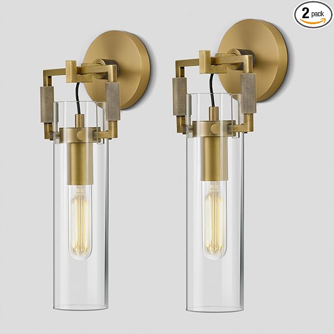 Modern Gold Indoor Wall Sconces Set of 2, 15'' knurled Brass Bathroom Wall Sconces