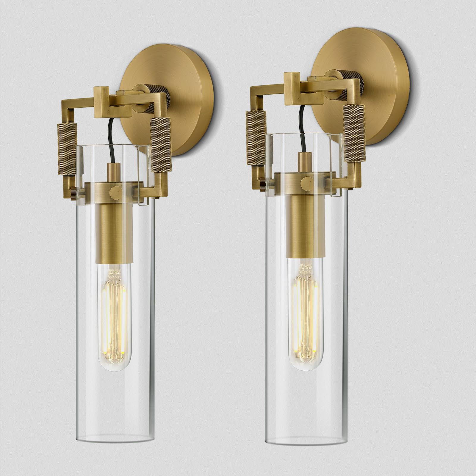 Modern Gold Indoor Wall Sconces Set of 2, 15'' knurled Brass Bathroom Wall Sconces