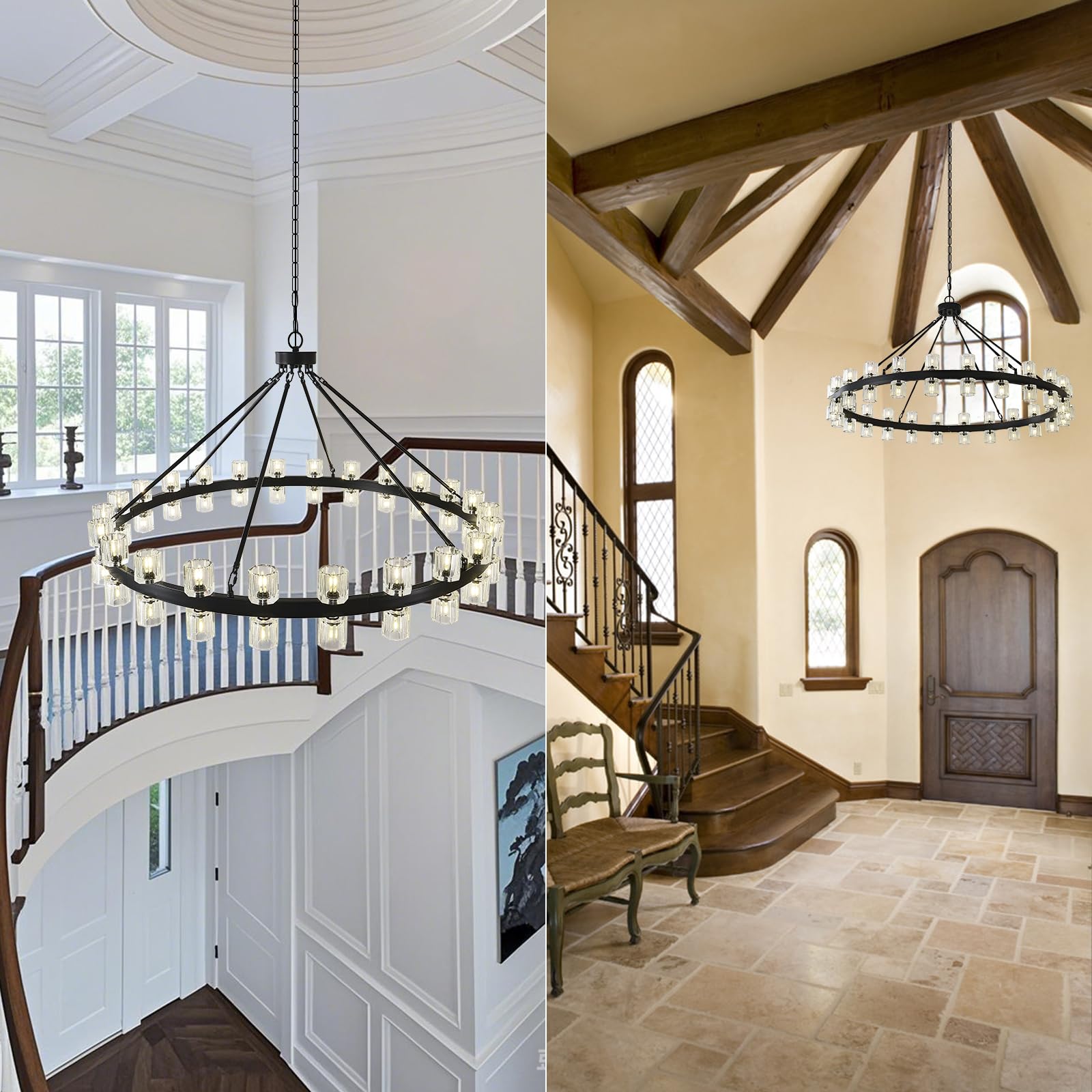 Black Wagon Wheel Chandelier, 48inch Large Crystal Chandeliers for High Ceiling