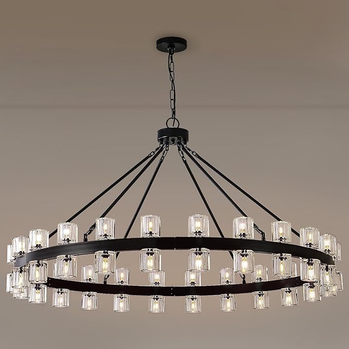 Black Wagon Wheel Chandelier, 48inch Large Crystal Chandeliers for High Ceiling