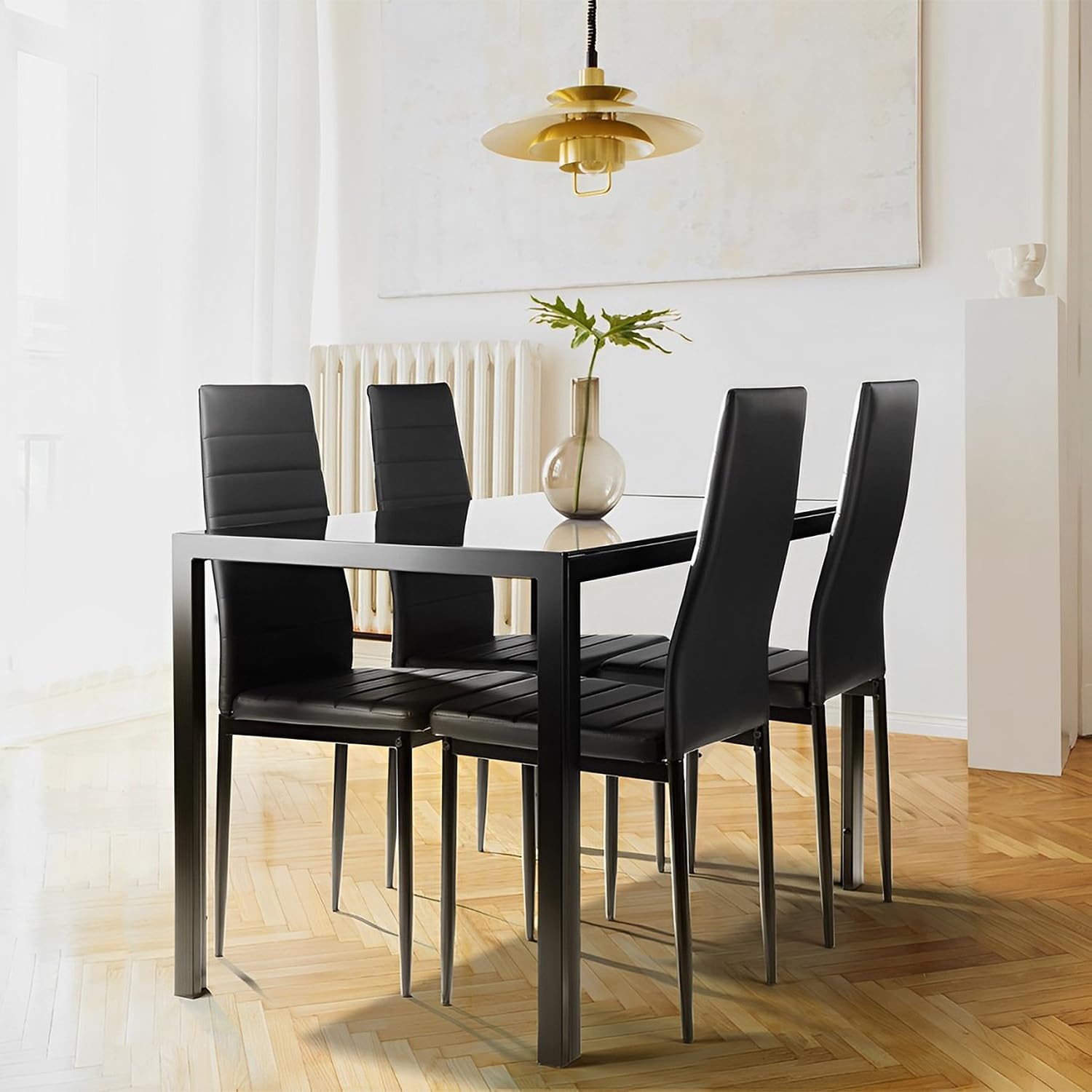 Dining Table Set 5-Piece Dining Room Glass Tabletop Table &Upholstered
