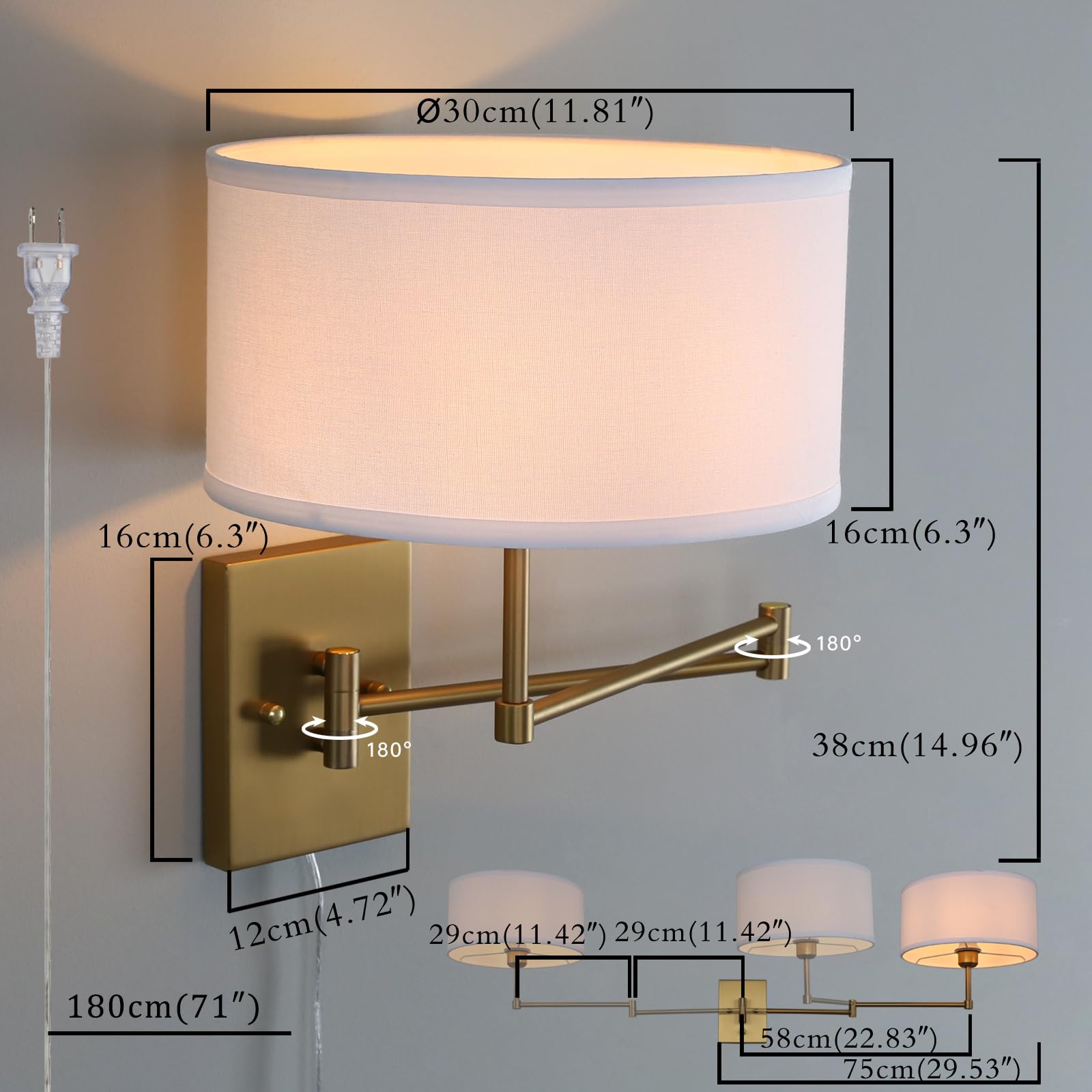 Sconce Swing Arm Wall Lamp with Double Metal Arm and Huge Circle