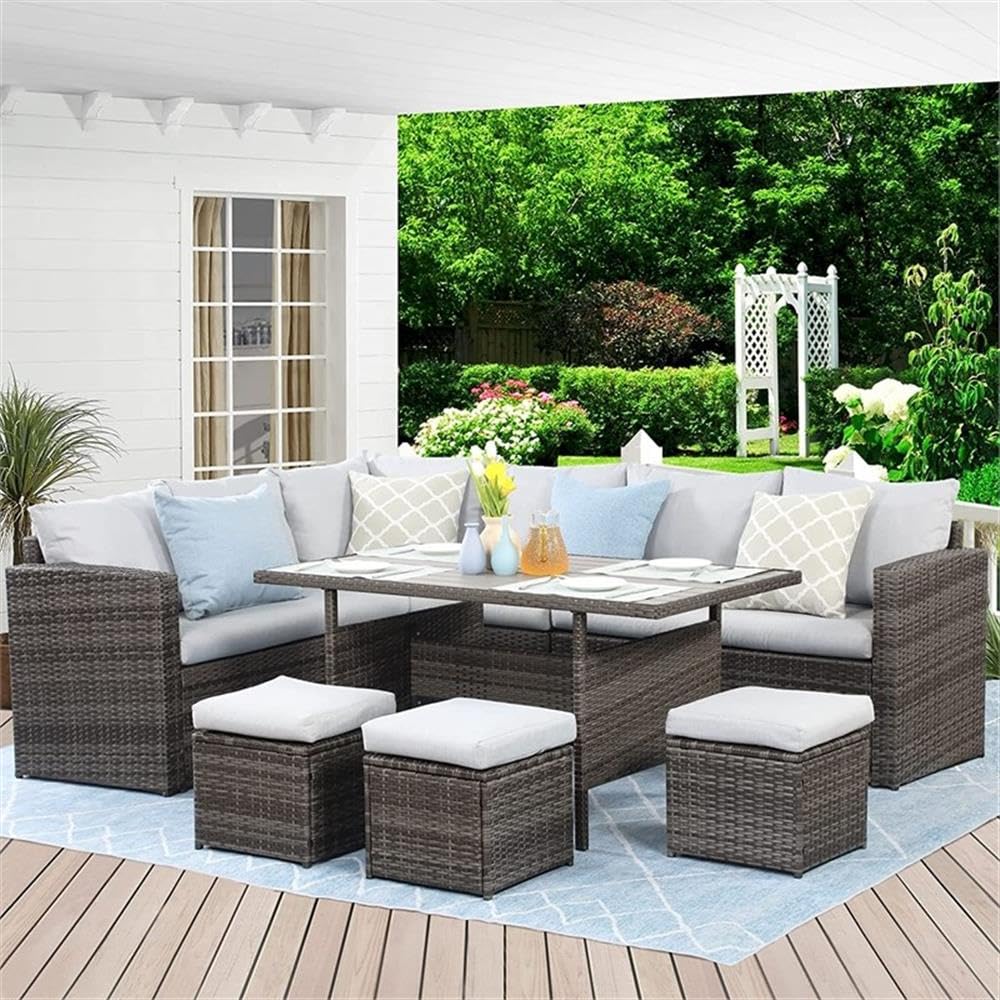 7-Piece Modern Stainless Steel Patio Dining Sectional Sofa Set in Gray