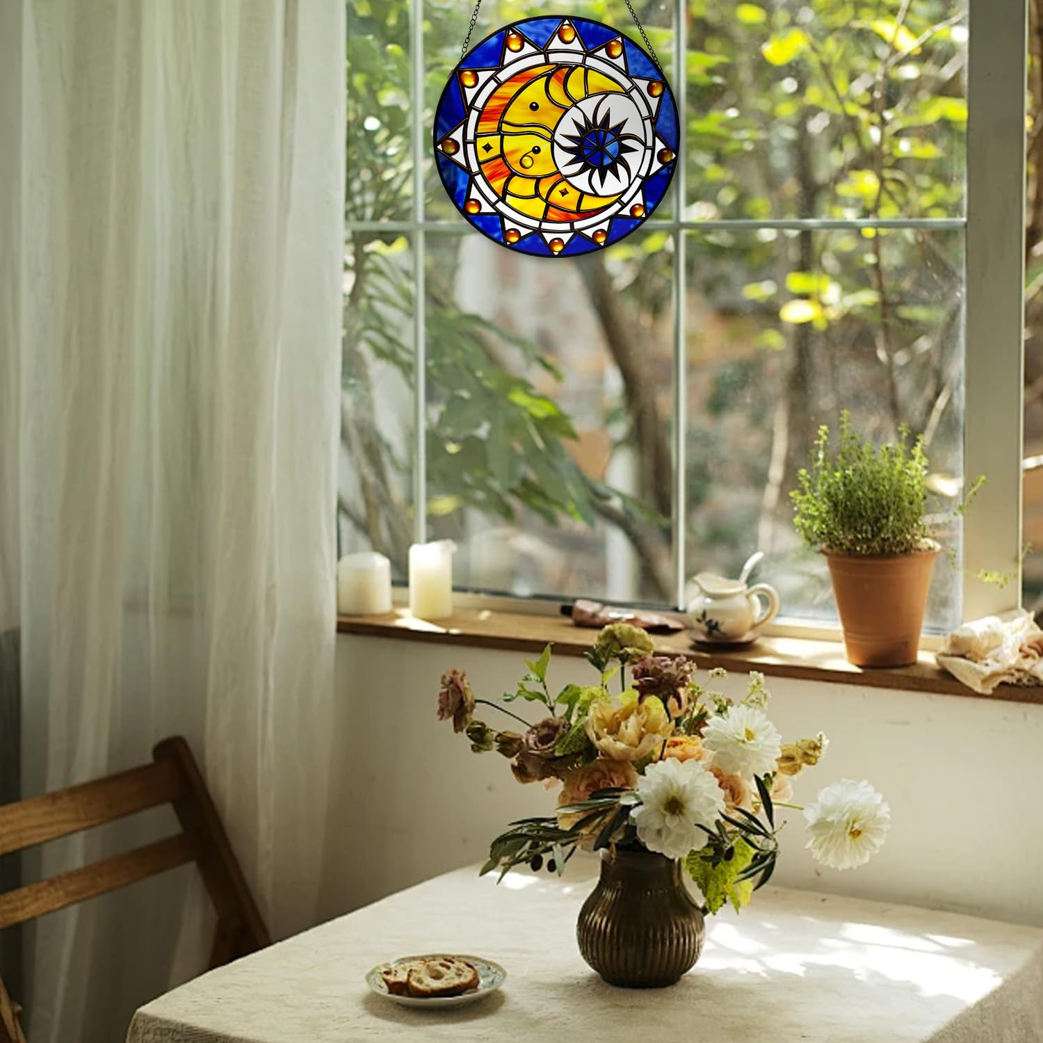 9.84'' Moon Stained Glass Window Hanging, 1 Pc Crescent Sun Stained Glass Panel