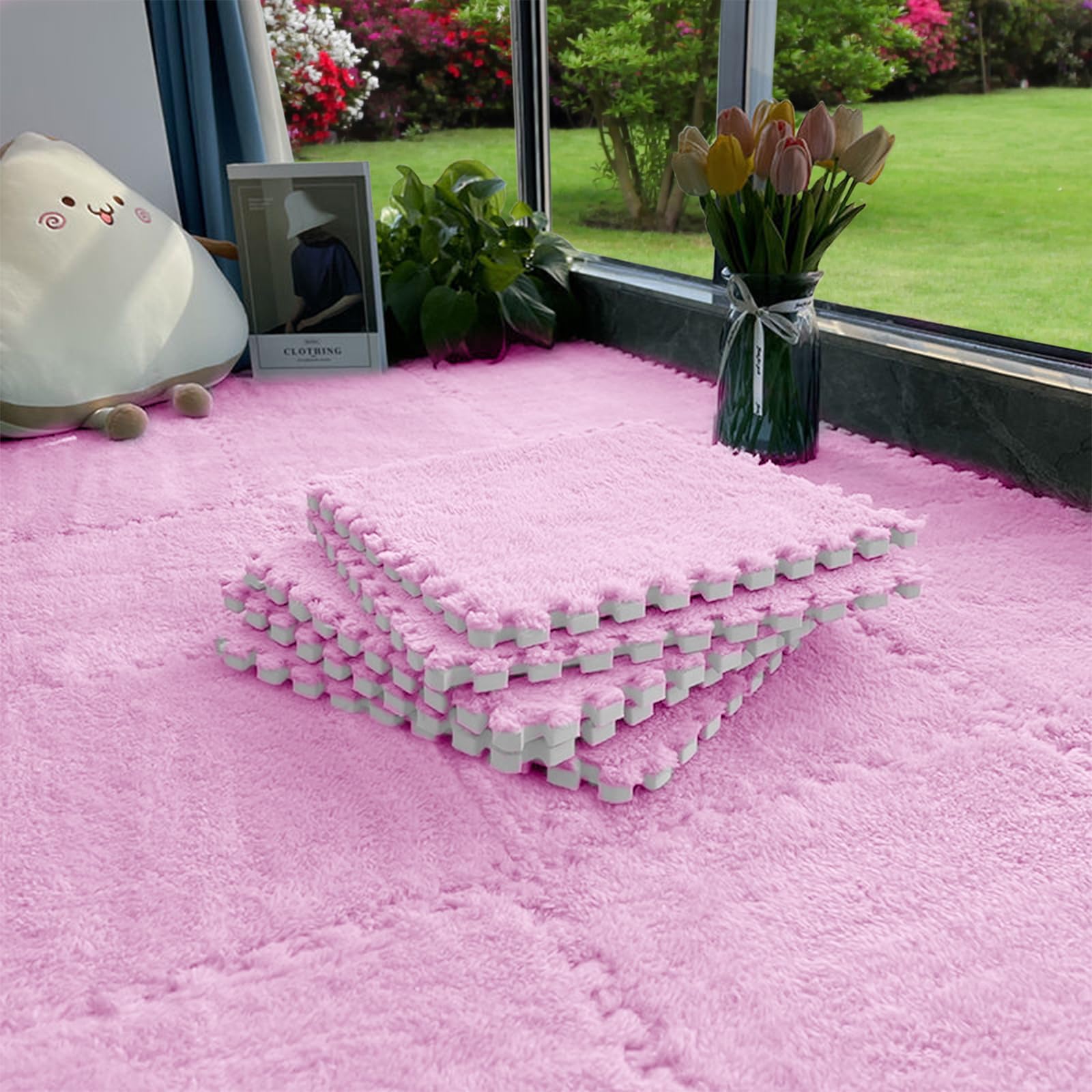 16pcs 0.6" Thickened Interlocking Tile Mats,Fluffy Shaggy Soft EVA Foam Area Rug