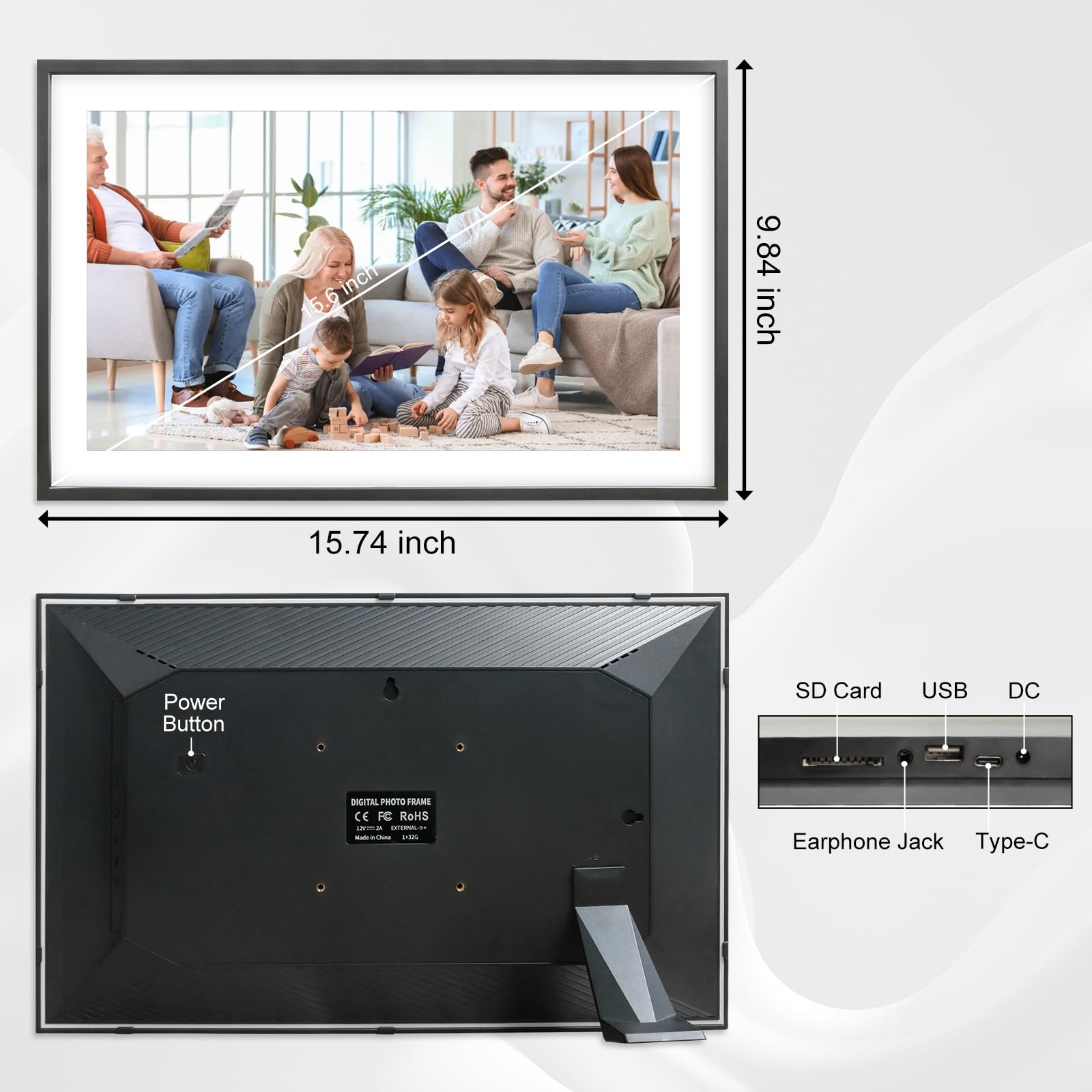 Frameo 15.6 Inch Large Digital Photo Frame, Digital Picture Frame WiFi with 32GB, 1920 * 1080 IPS HD Touch Screen, Tabletop&Wall-Mounted,Birthday,Wedding,Gifts for Men/Women/Father/Mom/Grandparents