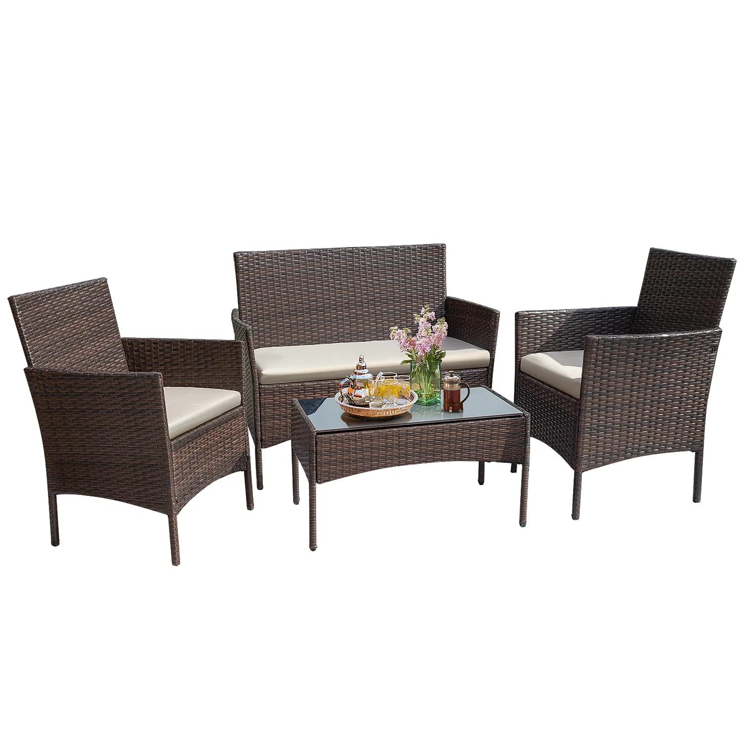 Outdoor Furniture Patio Set Cushioned PE Wicker Rattan Chairs