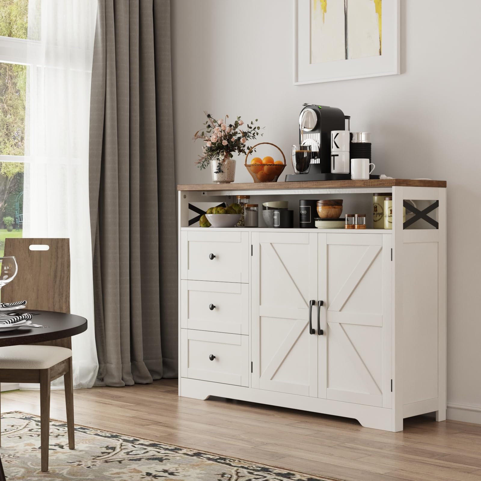 Farmhouse Buffet Cabinet with Drawers & Open Shelf, Sideboard with Storage, Kitchen