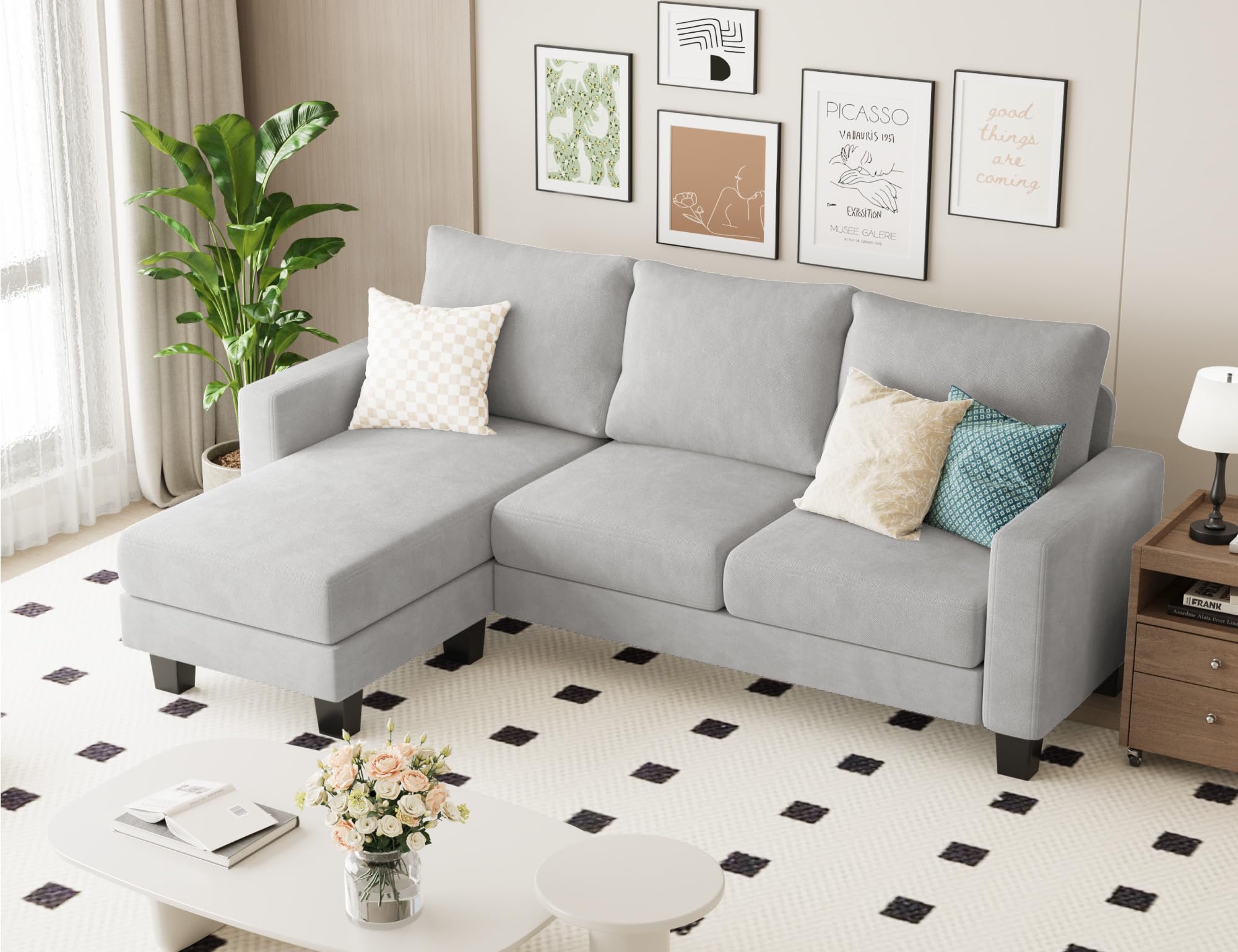 Sofa for Living Room, Couch with Convertible Chaise, 3 Seat L-Shaped Sofas