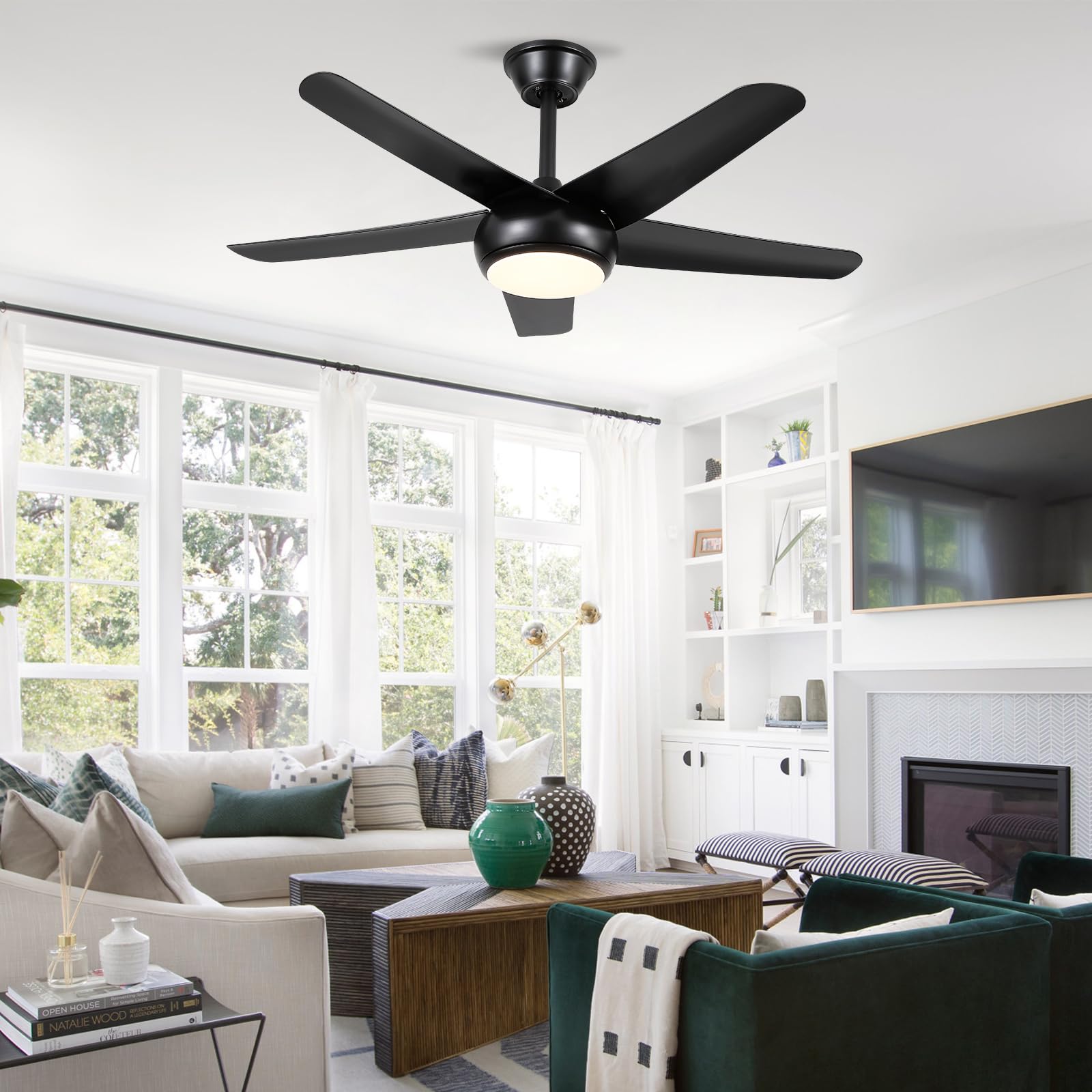 44" Black Ceiling Fan with Lights - Low Profile Ceiling Fans with 5 Reversible Blades