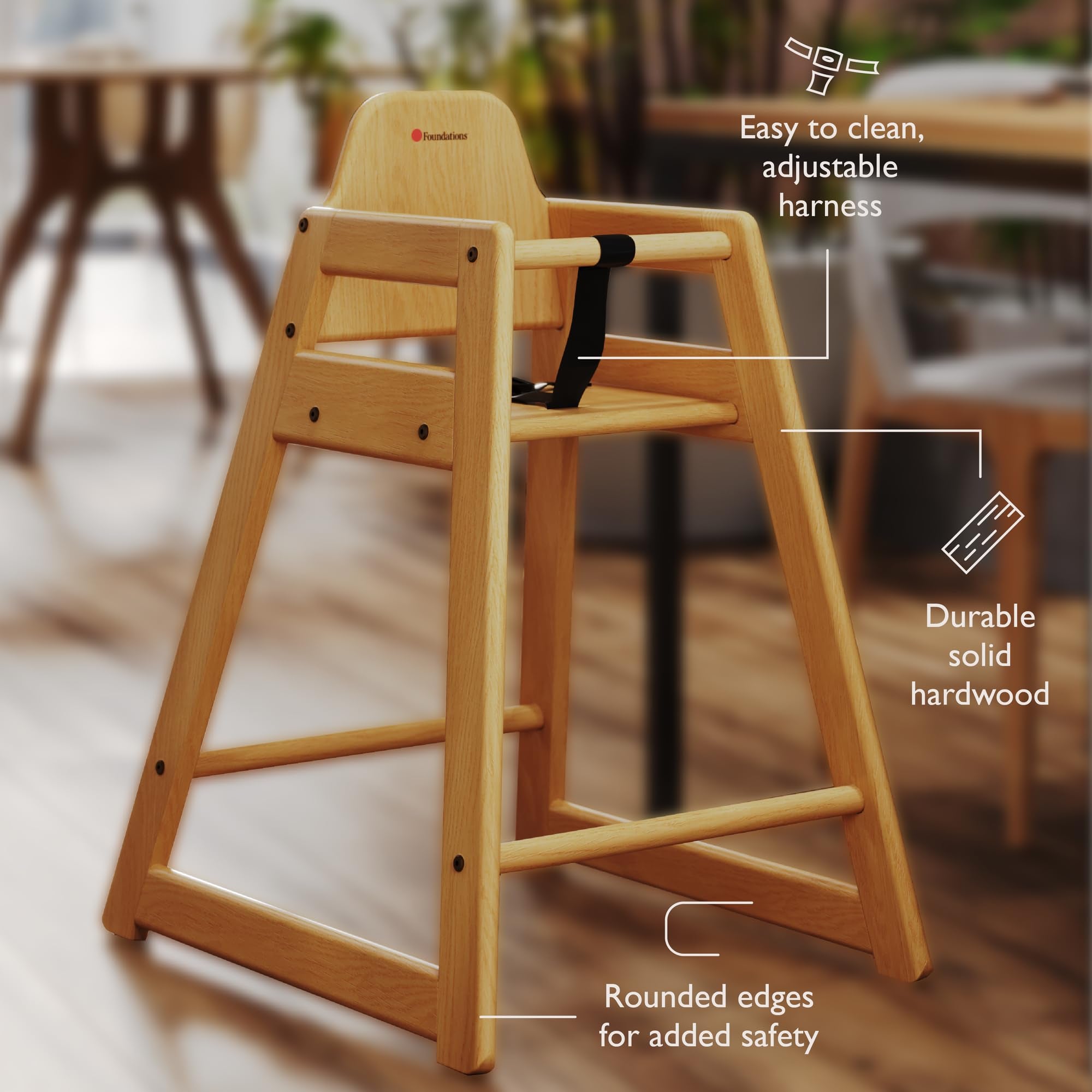 Neat Seat Wood Highchair for Restaurants, Easy to Clean, “No-tip” Feet, 3