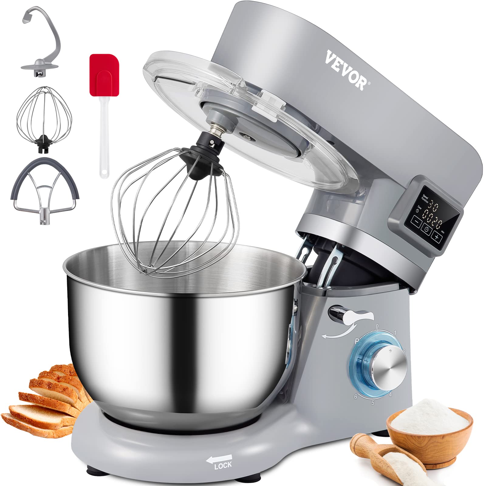Stand Mixer, 660W Electric Dough Mixer with 6 Speeds LCD Screen Timing
