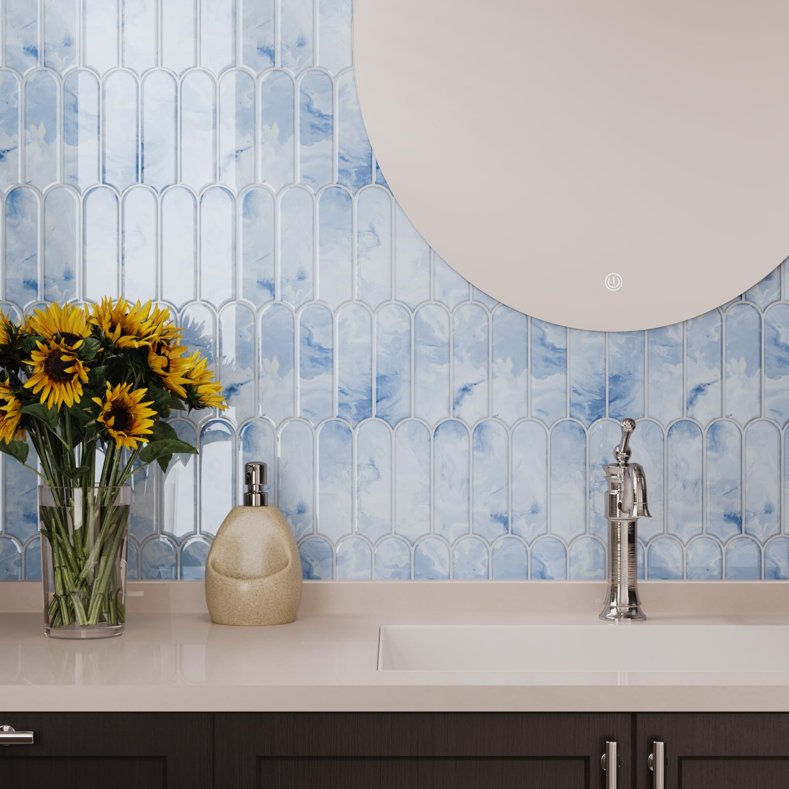20 Sheets Cream Blue Backsplash Tile Peel and Stick Long Fish Scale Back Splash