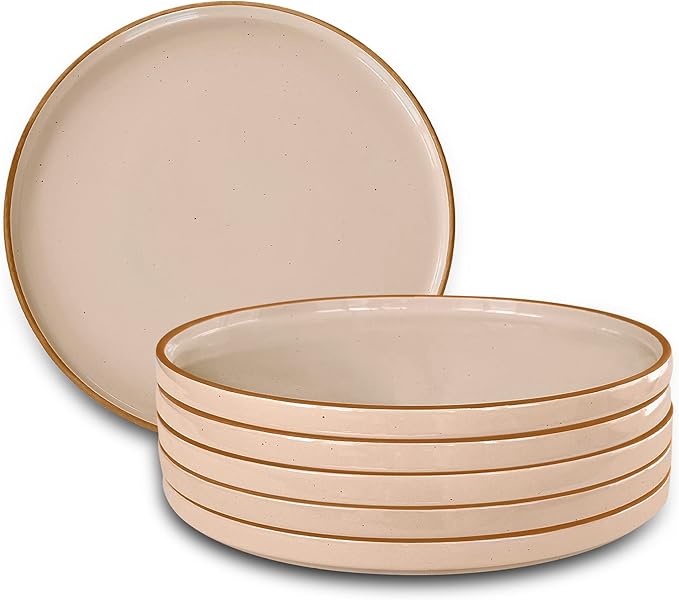 Ceramic Flat Dinner Plates Set of 6, 10.5 in High Edge Dish Set - Microwave