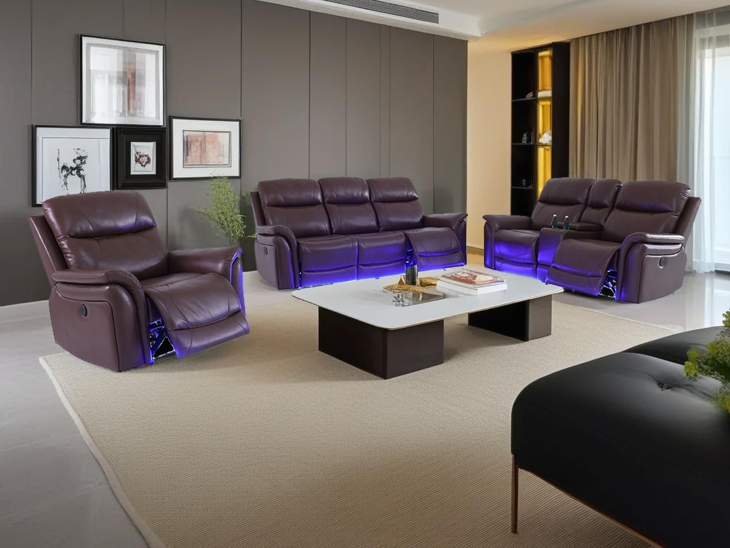 Recliner Couch Set 3PCS Breathing Leather Living Room Sofa Set