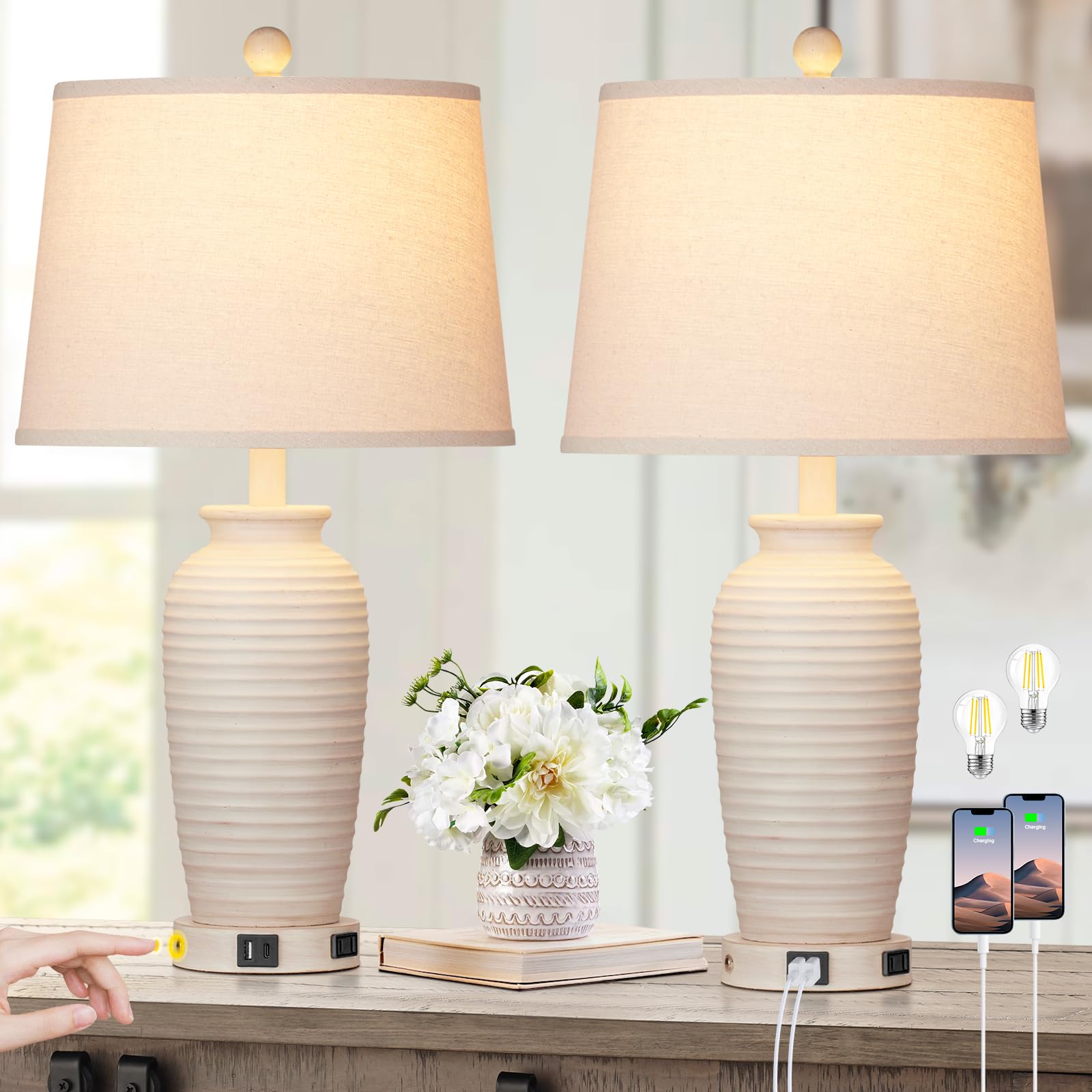CINSARY 24.3" Farmhouse Jar Table Lamps Set of 2, 3 Way Touch Control
