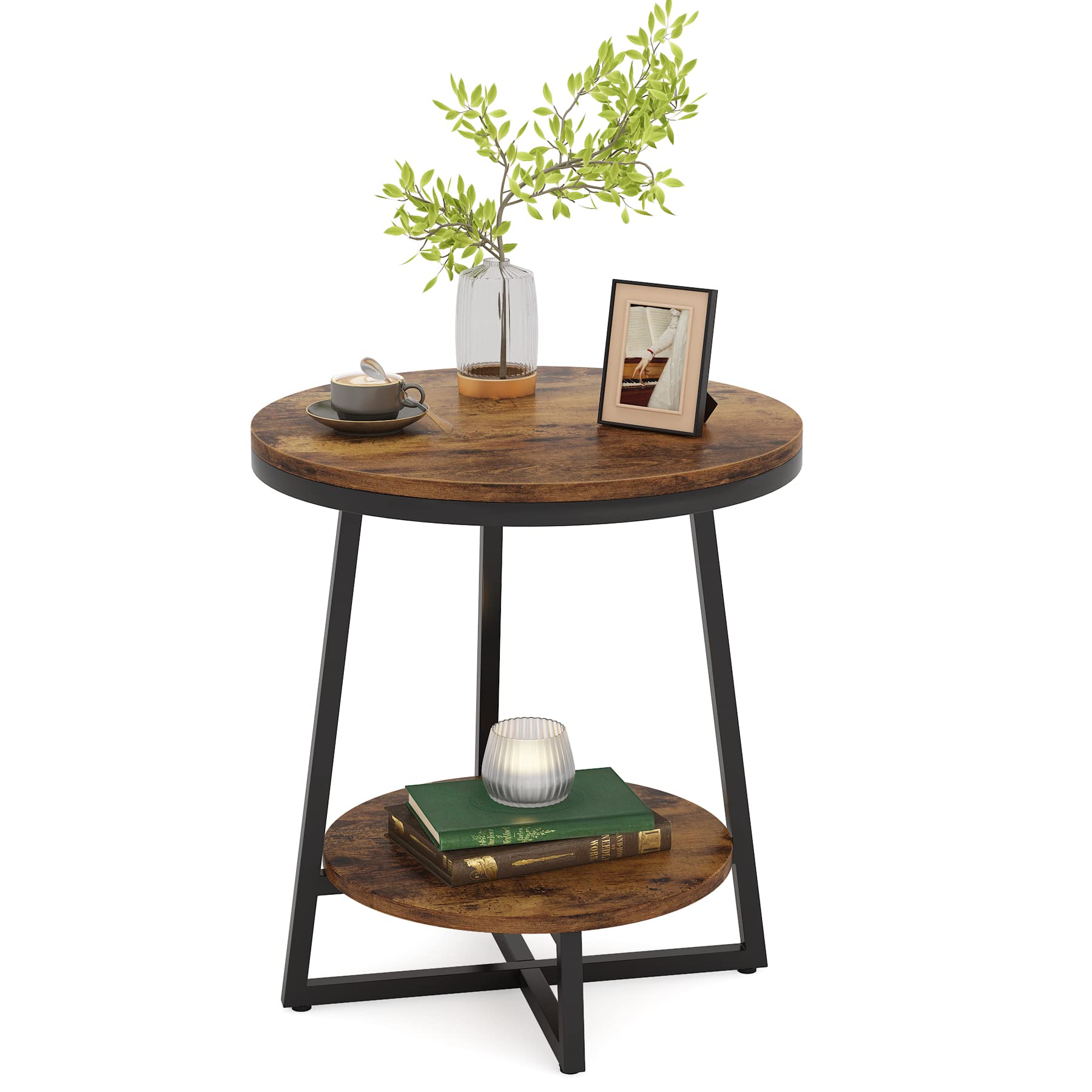 End Table, 2 Tier Round Side Table with Storage Shelf