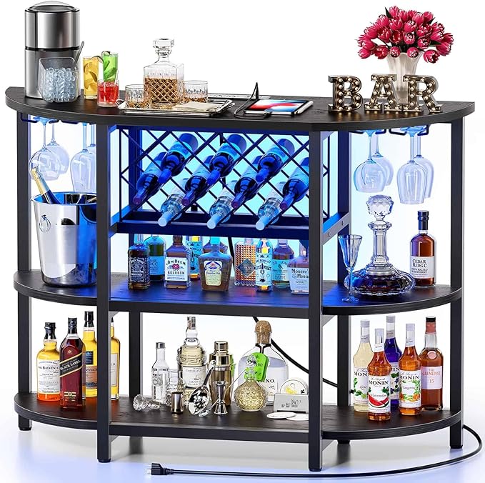 Bar Cart Bar Table with Power Outlet, LED Home Bar Cabinet for Liquor