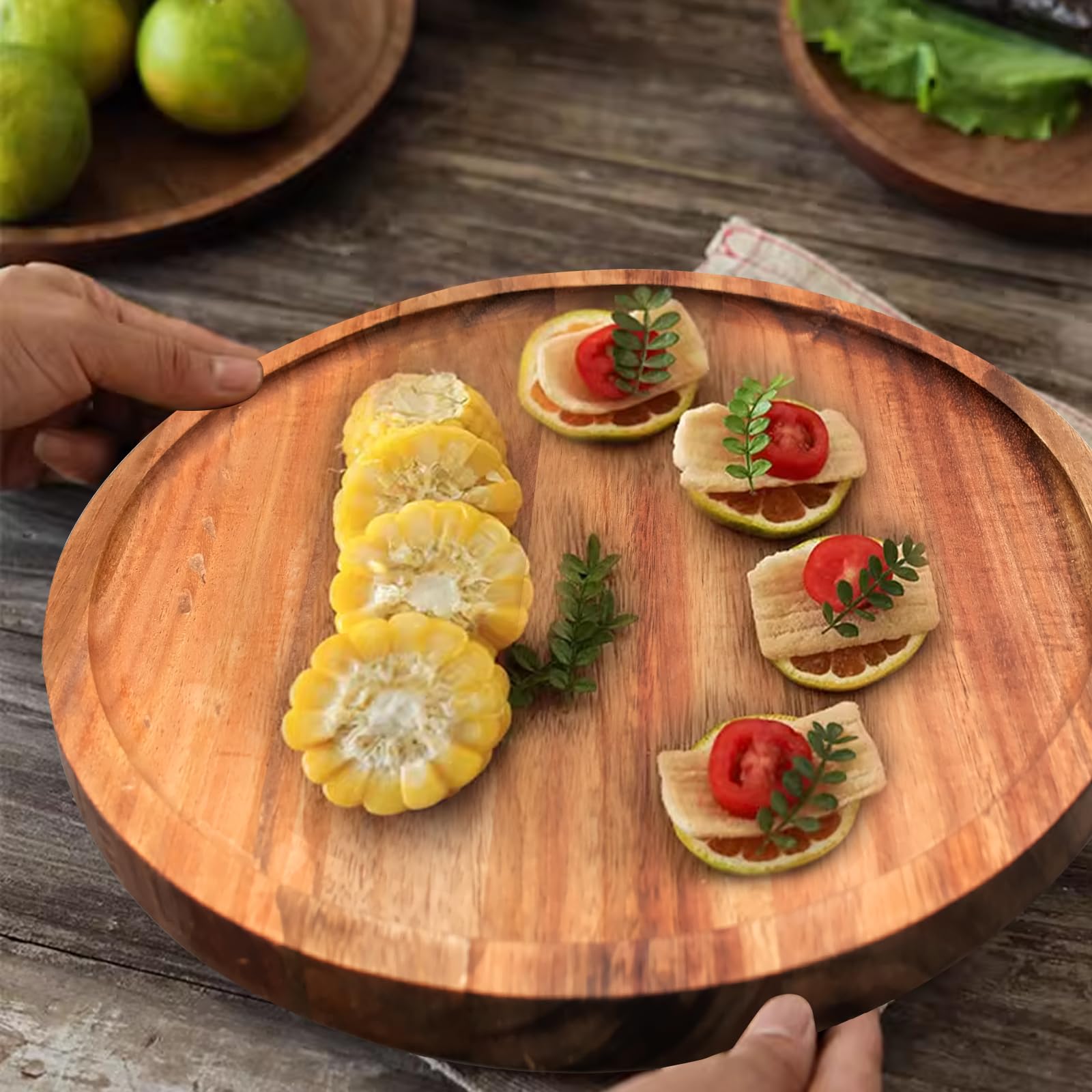 18 Pcs Round Acacia Wood Dinner Plates Set 6 8 10 Inch Natural Classic Food Trays