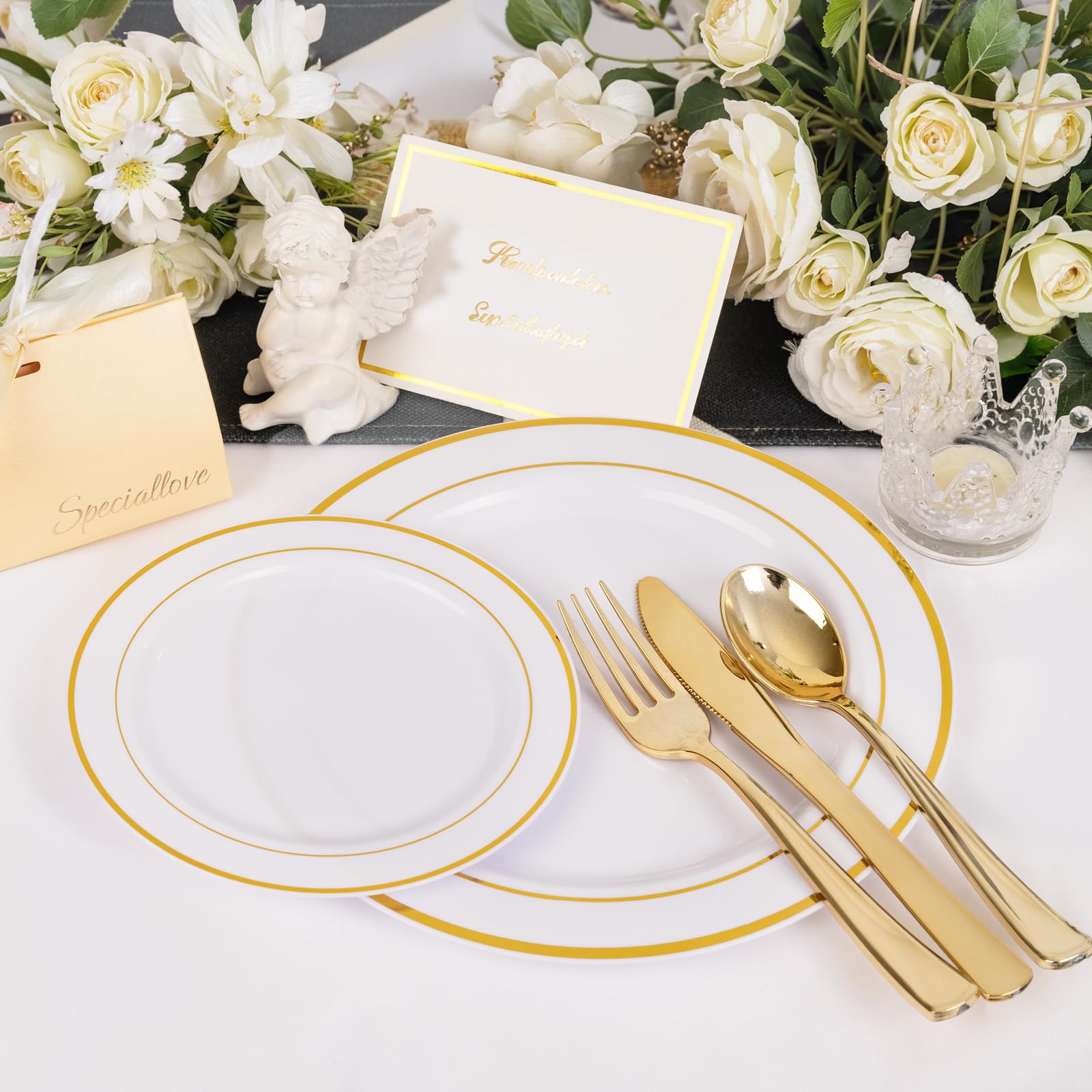 200PCS Gold Plastic Plates Disposable - 100 Dinner / 100 Dessert Plates Heavy Duty